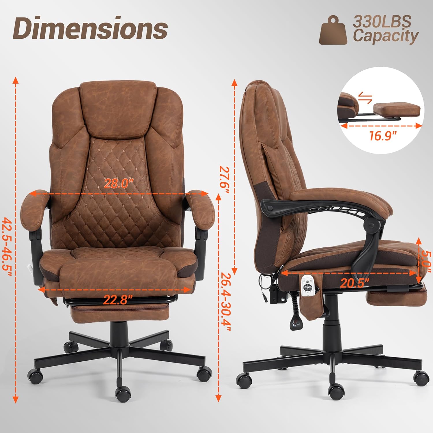 Massage Office Chair with Foot Rest, 6 Points Vibration Heating Executive Chairs Ergonomic Home Office Desk Chair with Reclining Backrest, Adjustable Arms and Lumbar Support, PU Leather, Brown