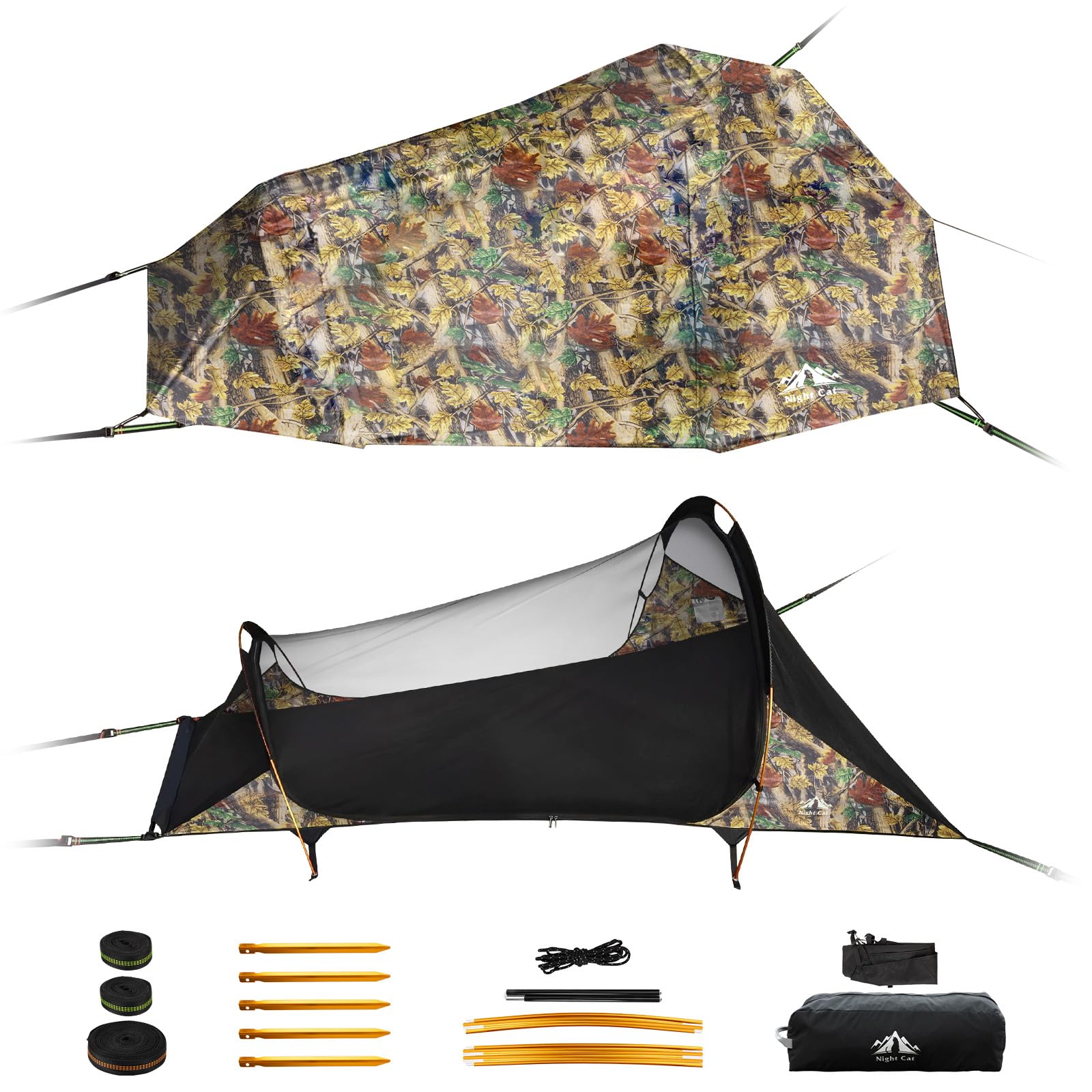 Night Cat Hammock Tent for 1 Person: Triangle Flat Bottom Hammock with Mosquito Net and Outdoor Camping Waterproof Tarp for Backpacking in Jungle Camouflage