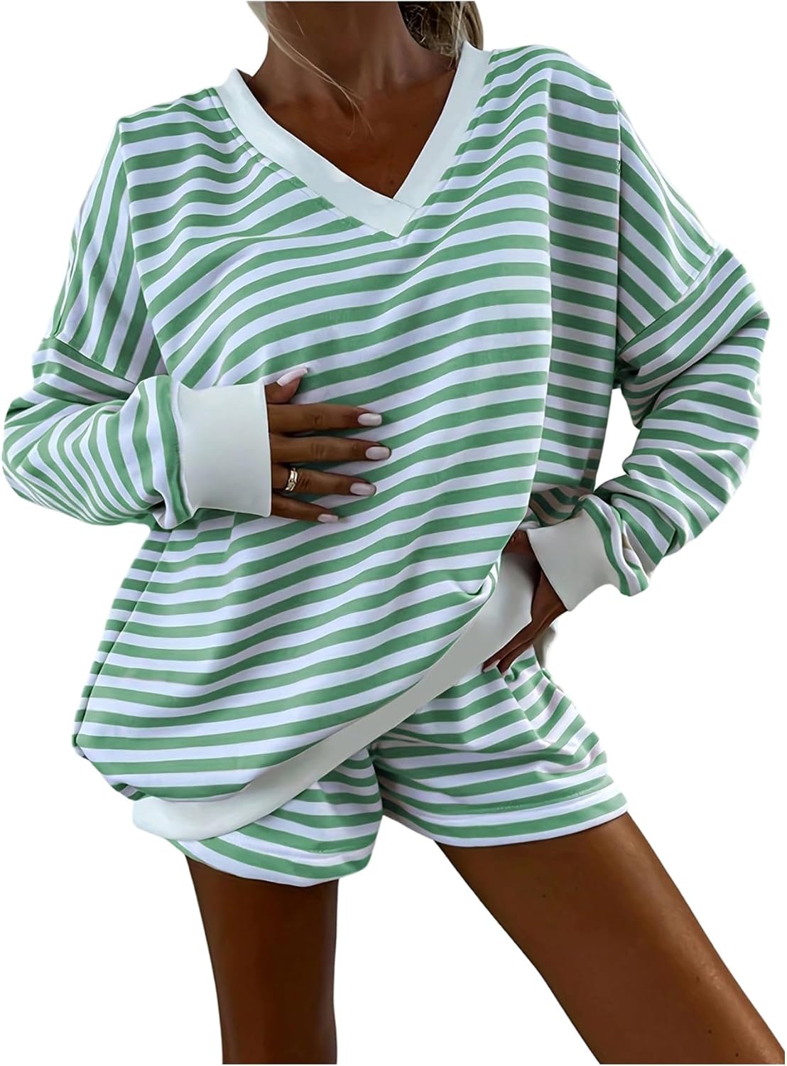 GORGLITTER Women's Striped Sets 2 Piece Outfits Long Sleeve Sweatshirt and Shorts Set