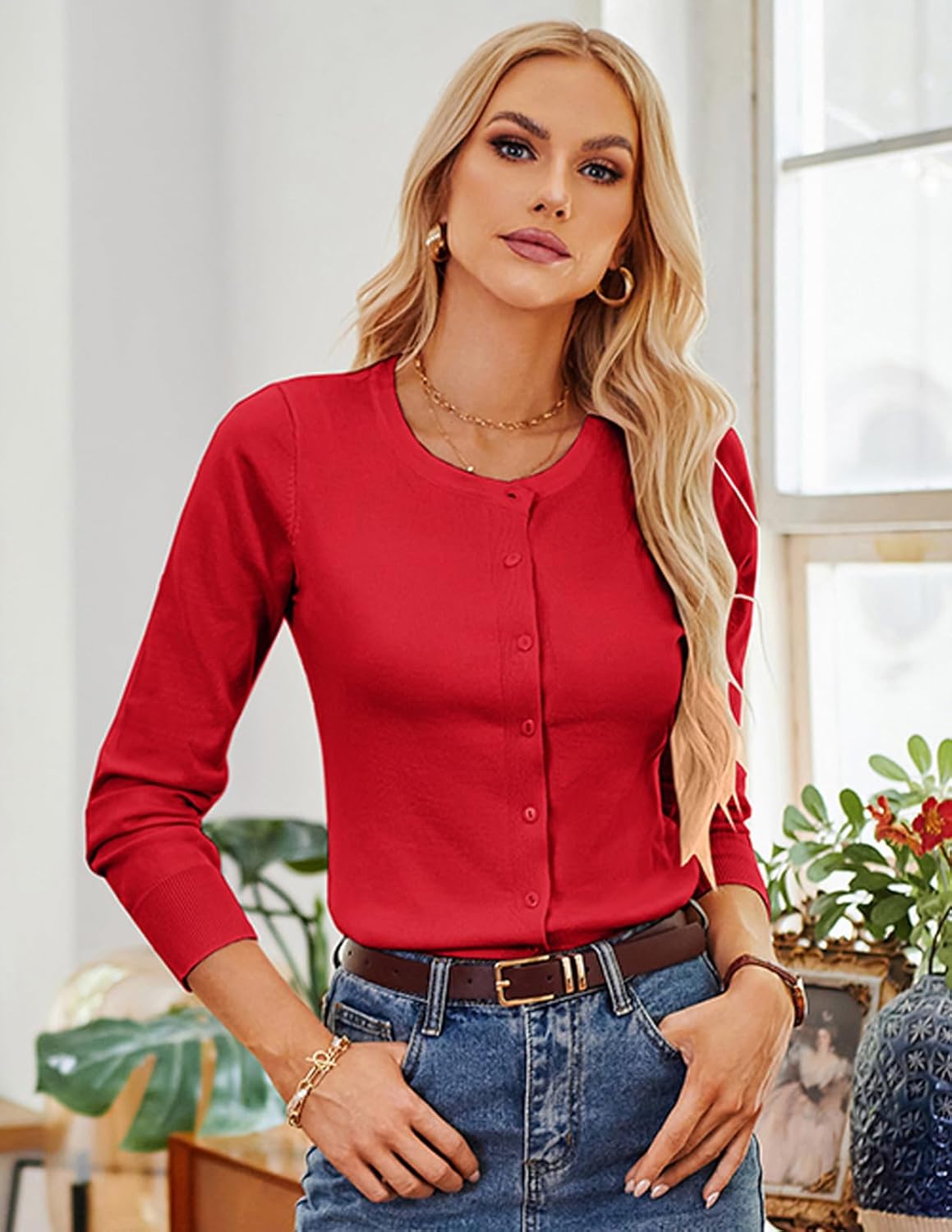 GRACE KARIN Women's Long Sleeve Button Down Crew Neck Classic Sweater Knit Cardigan - Image 7