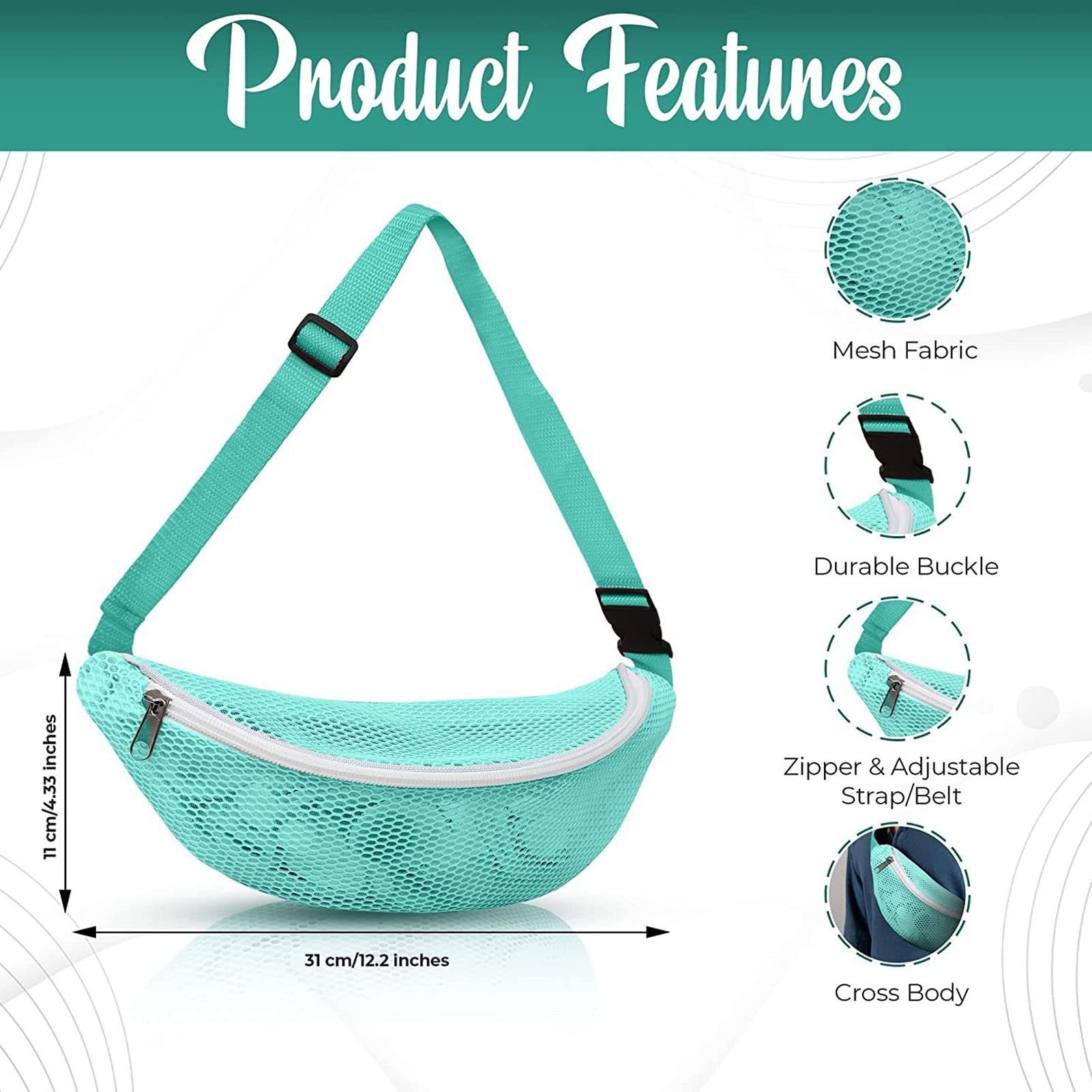 Beach Mesh Fanny Pack, Seashell Bag, Breathable Waterproof Adjustable Belt, Portable Lightweight Outdoor Sports Waist Pack for Travel (Pale Blue)
