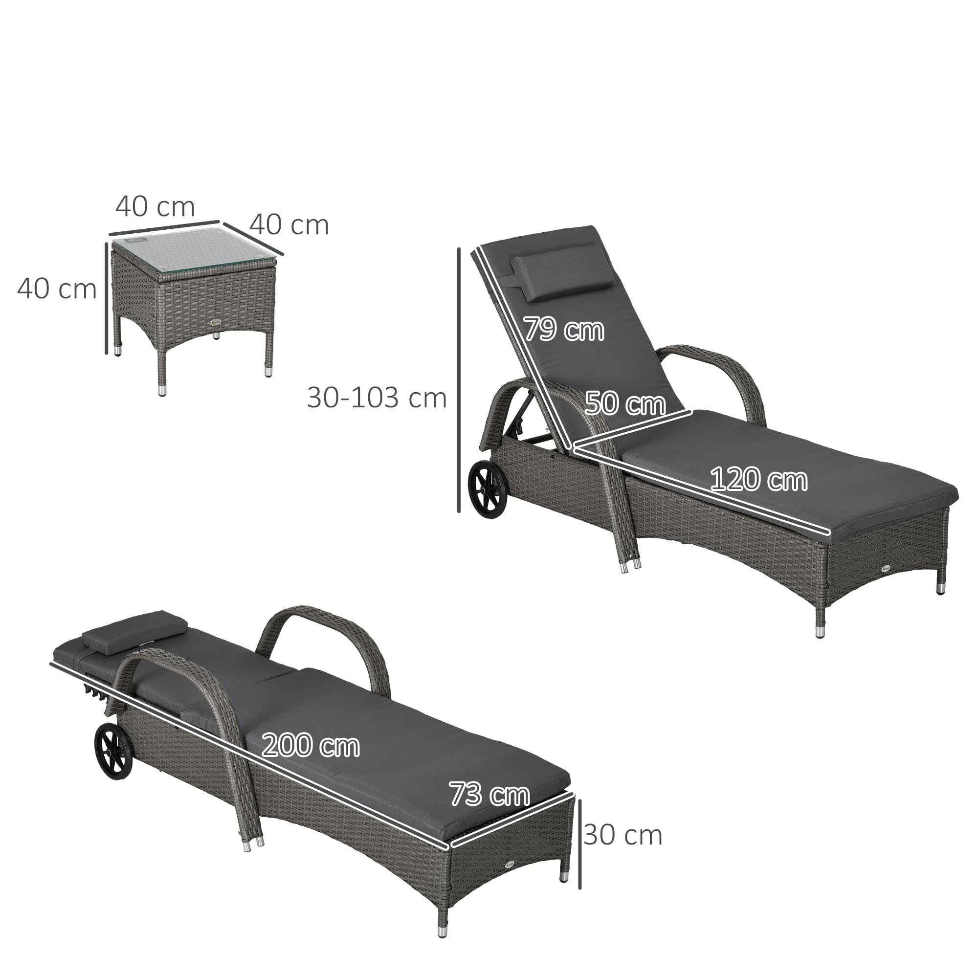 Outsunny Sonnenliege Gartenliege Tisch 3er-Set Gartenmöbel, Polyrattan+Metall Grau+Dunkelgrau