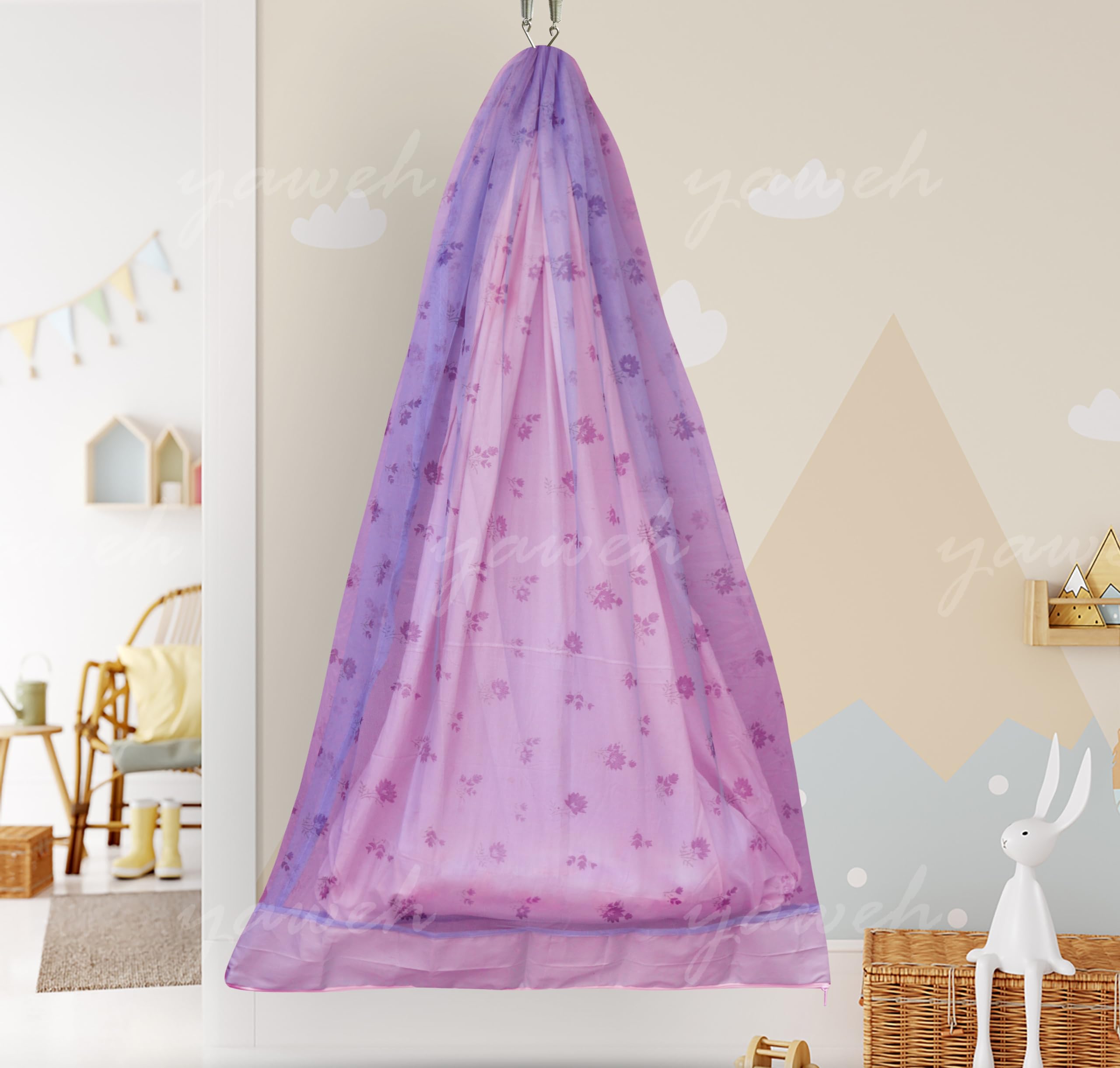 yaweh Cotton Printed Mosquito Net for Baby Cradle Swing/Mosquito Net for Baby Jhula with Bottom Zip Opening Blue Color (Violet)-image-43