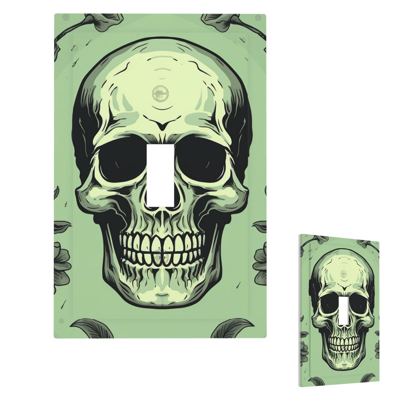 Skull On Light Green Background Wall Plate Cover Single Toggle, Modern Decorative Light Switch Cover Unbreakable Receptacle Outlet Covers for Living Room Bedroom Decor