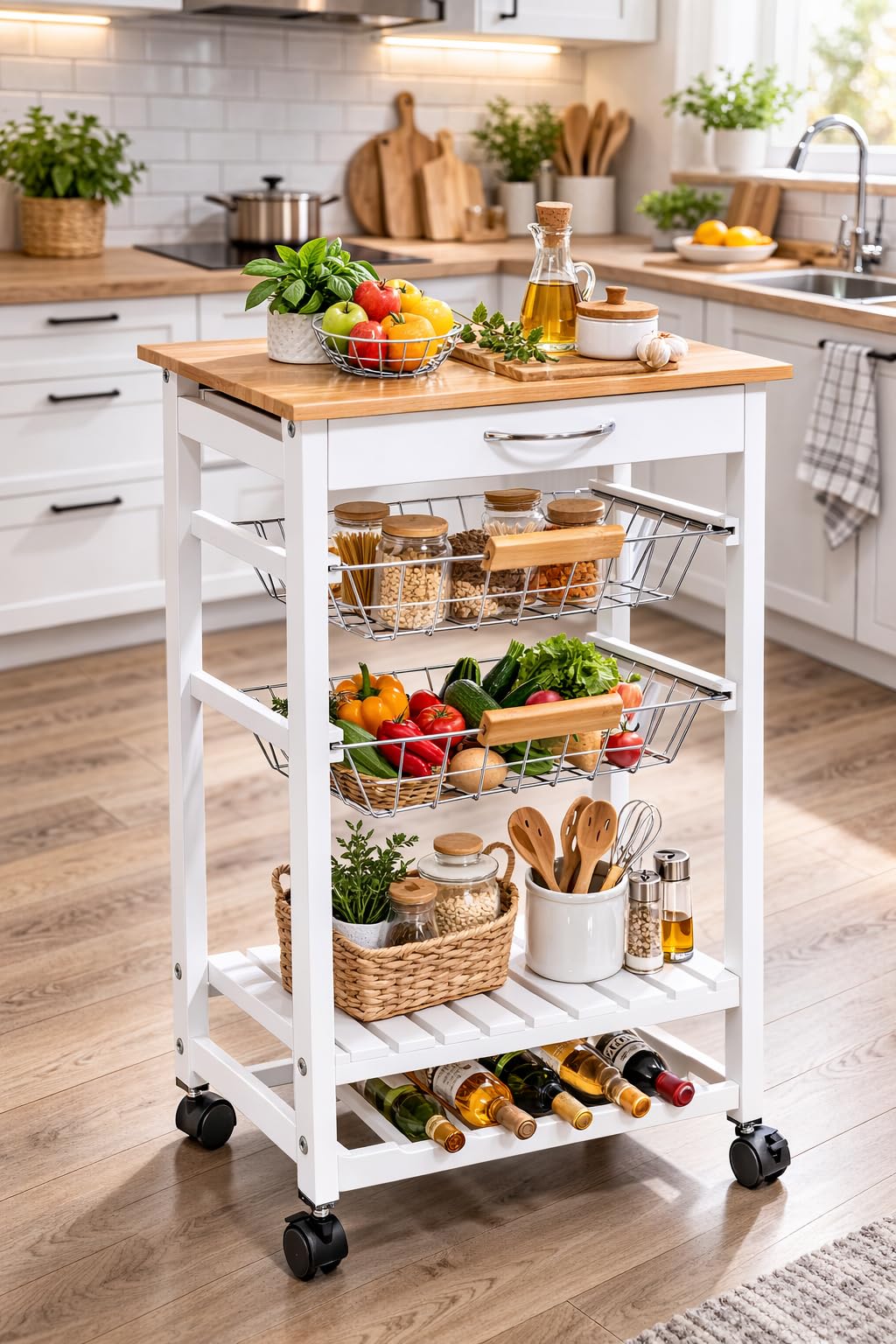 spot on dealz® 5 Tier Kitchen Trolley on Wheels Fruits Vegetable Rack Storage Cart Kitchen Island with Drawer Metal Baskets Wooden Oak Top Shelf Furniture Unit