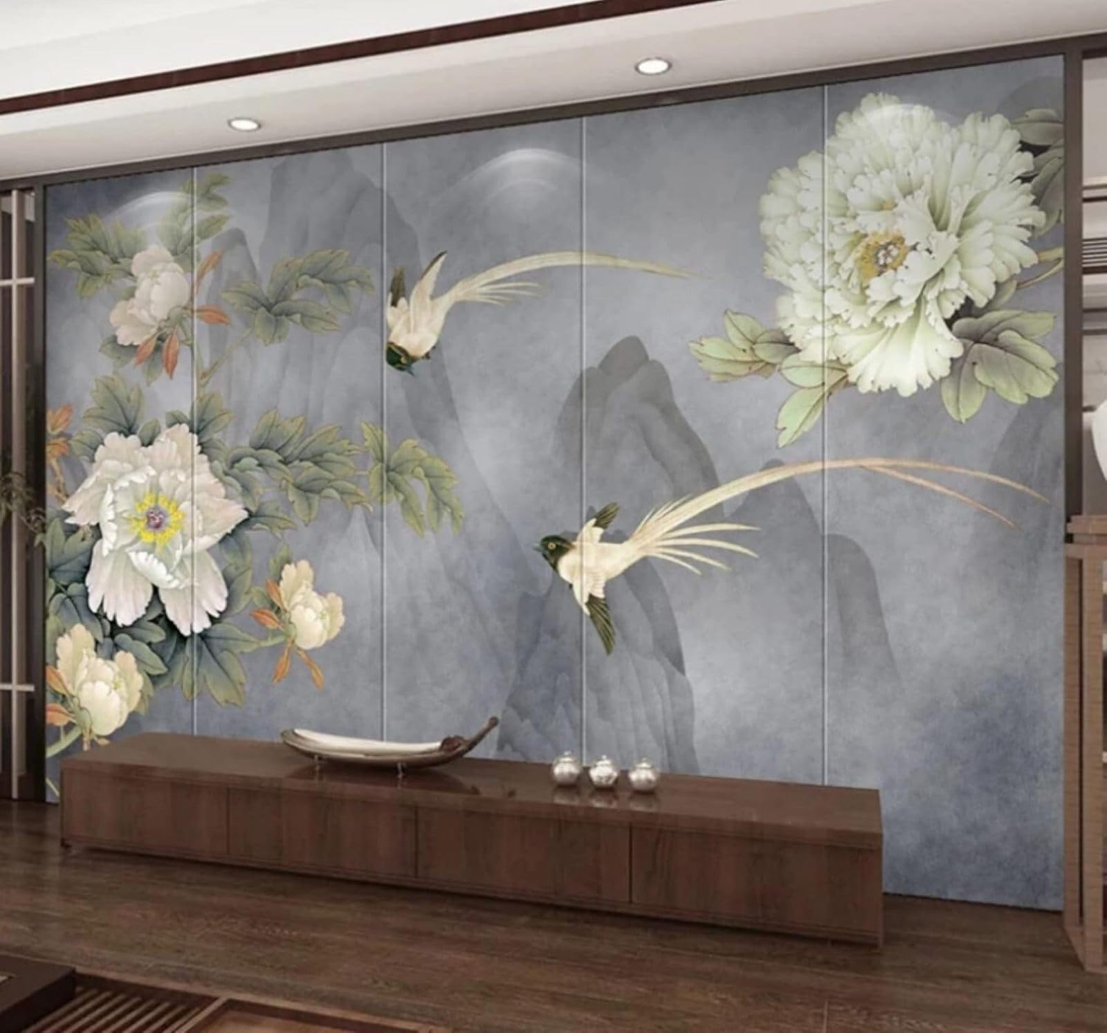 XLMING Retro Hand Drawn Mountain Peaks Peonies Landscapes 3D Wallpaper Luxury Silk Study Dining Feature Sofa Grey Bedroom Living Room Tv Decorative Wall-400cm×280cm