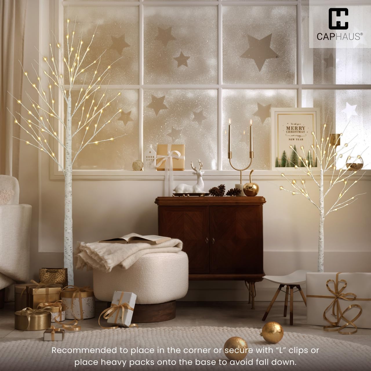 CAPHAUS 4/6/8 Feet, 48/72/ 96inch Set of 3 Full White Twinkling Birch Tree w/ 48/72/132 LED Lights, Full Artificial White Twig Tree w/Warm White Lights for Holiday, Party Decoration Indoor