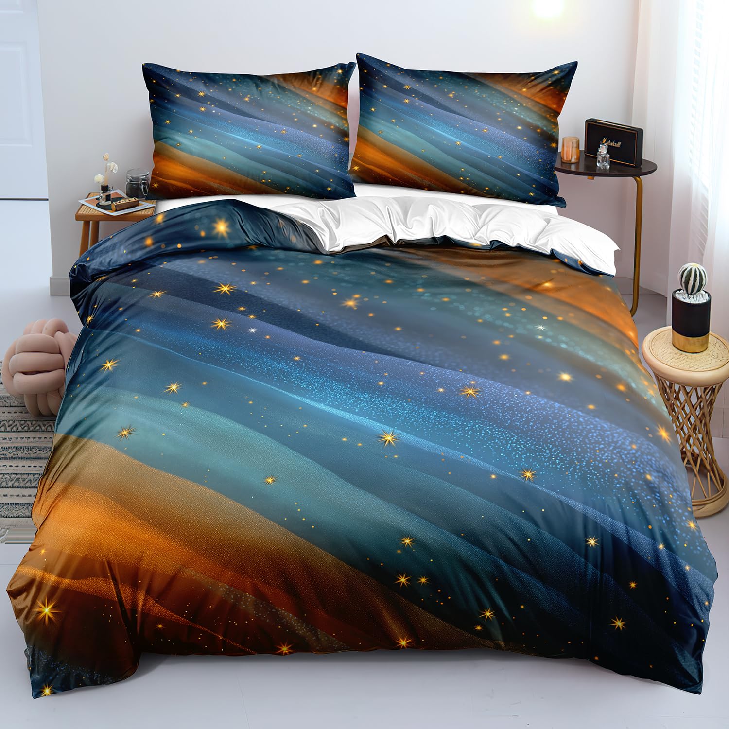 Housse de couette 140x200 rayures bleues et oranges design moderne