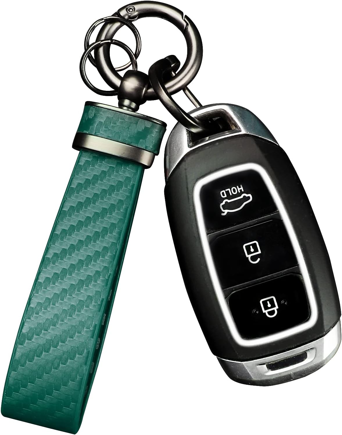 Turcee Carbon Fiber Car Keychain,Interior Accessories Keychains Leather Car Key Fob,Car Accessories Key Ring & Anti-Lost D-Ring(Green)