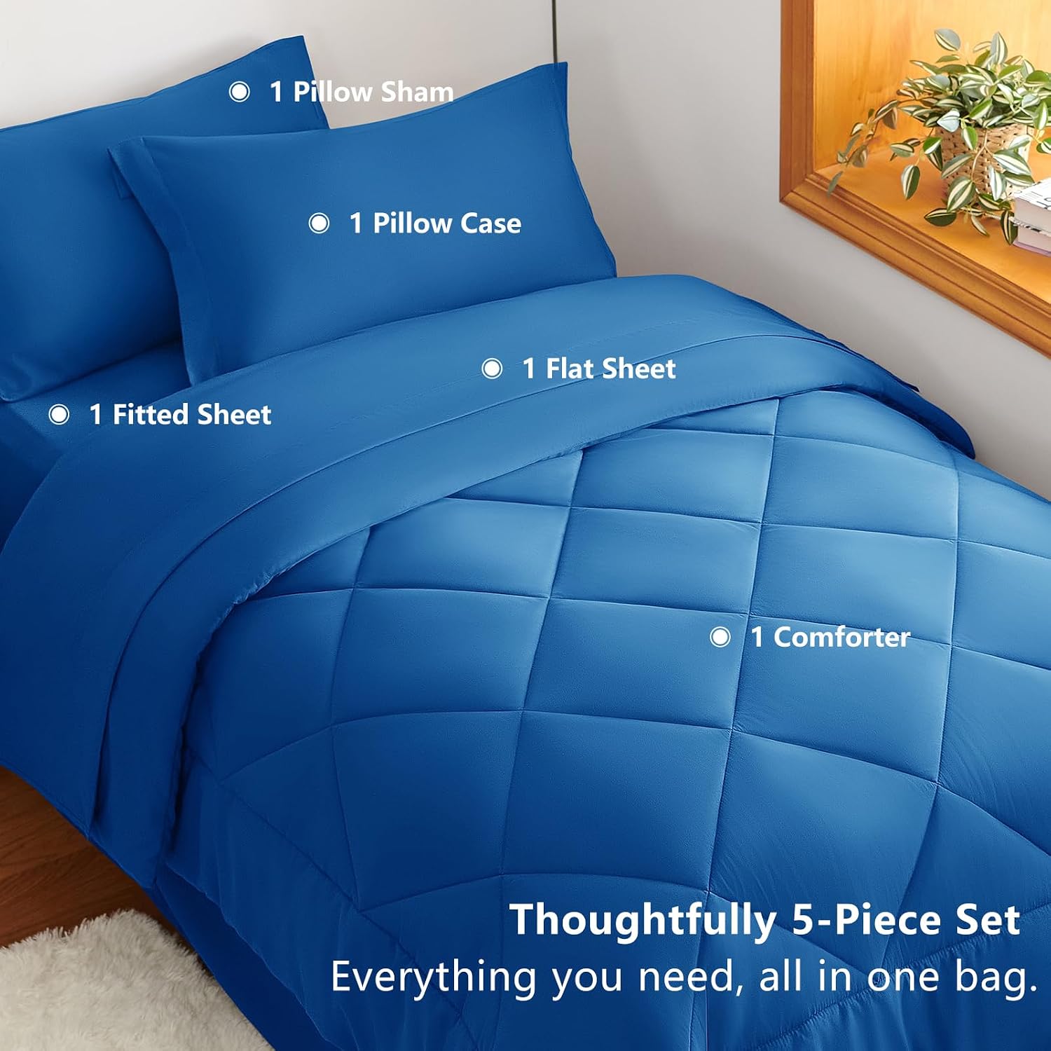  Twin XL Comforter Set Classic Blue - 5 Pieces Twin Extra Long Bed in a Bag for College Dorm, All Season Bedding Set for Girls and Boys, Soft Bed Set with Comforter, Sheets, Pillowcase & Sham thumbnail