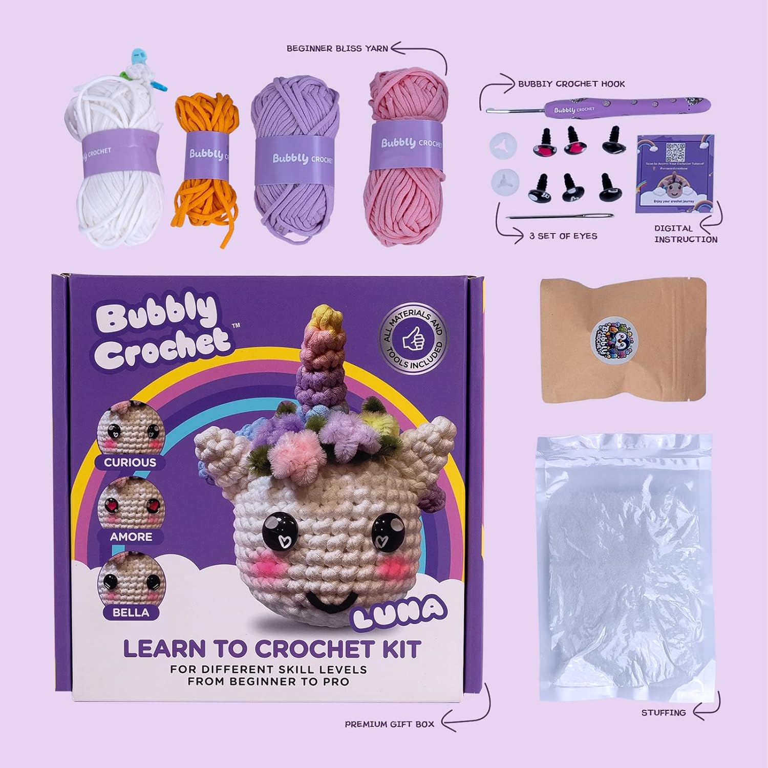 Bubbly Crochet - Luna the Unicorn Starter Kit | Includes Step-by-Step Tutorial Videos | Easy to Customize | Fun Handmade Gift and Easy Arts