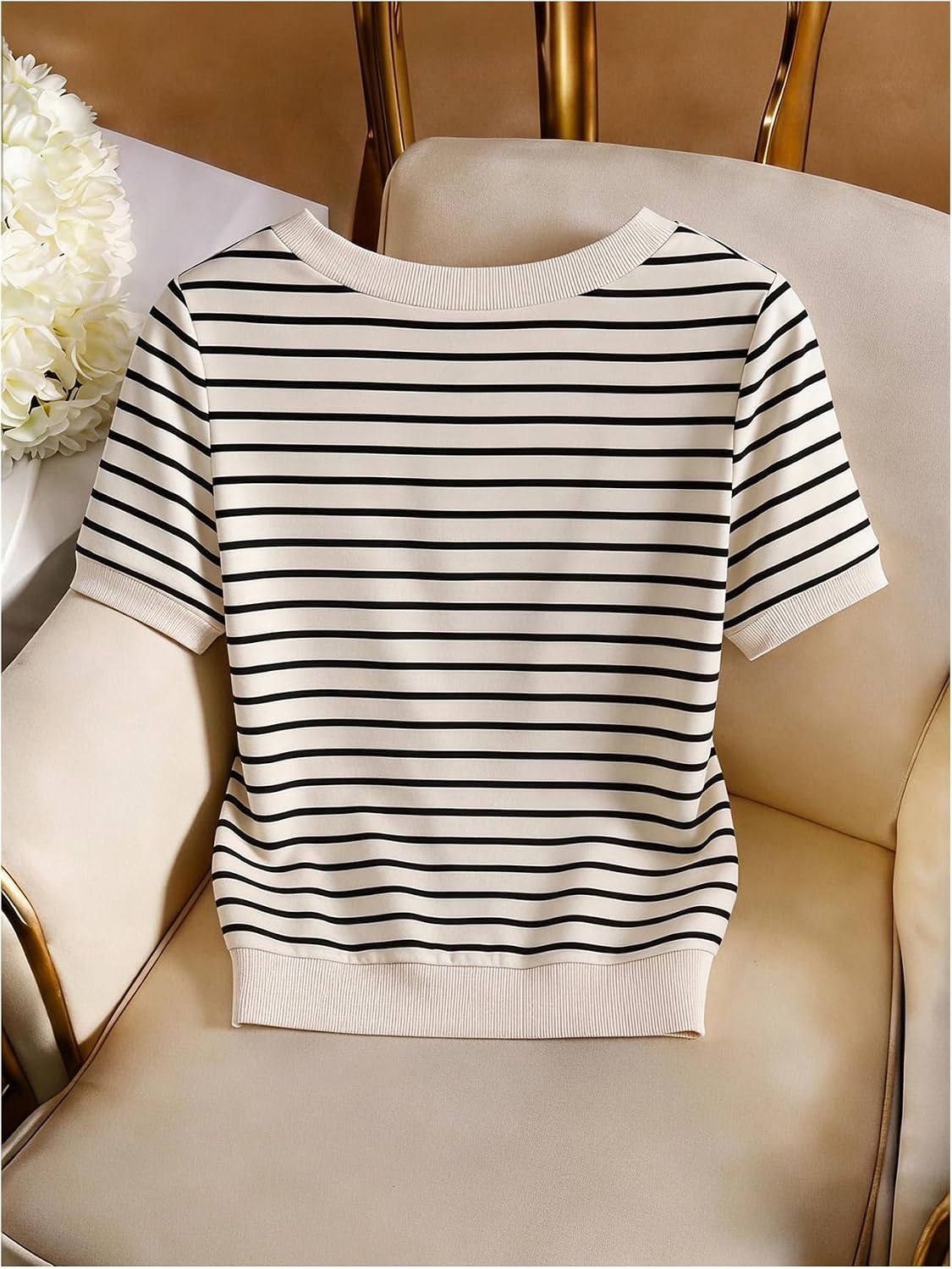 Verdusa Women's Striped Tops Short Sleeve T Shirts Smart Casual Outfits image 2