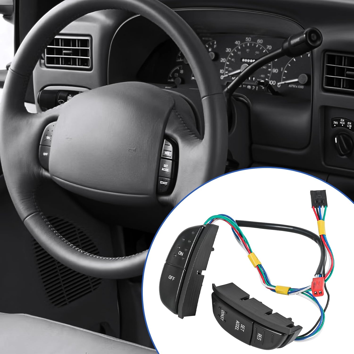 Steering Wheel Mounted Cruise Control Switch Buttons Kit 1C3A9D809AA Compatible with Ford F-150/250/350 Super Duty 1997-2004, 1999-2007 E-150/250/350/450/550, Excursion, Expedition