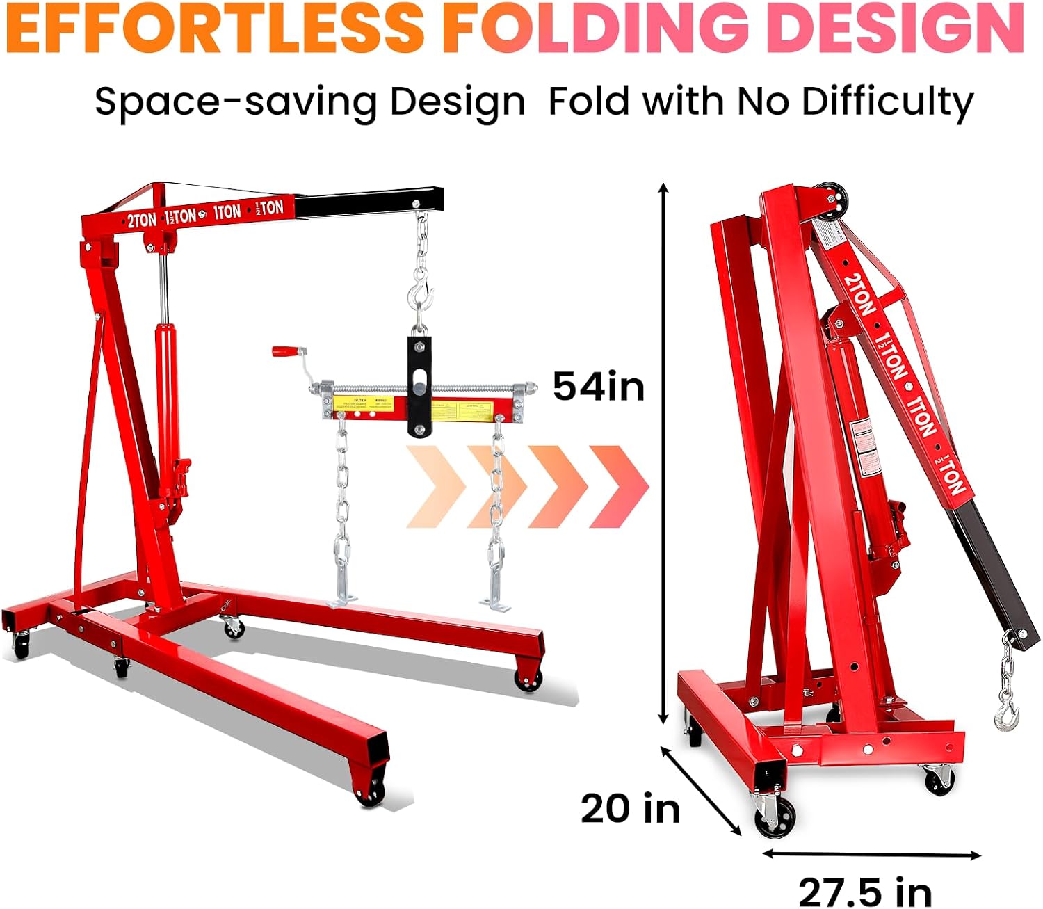 5000 LBS Engine Hoist with Leveler, Alloy Steel Cherry Picker Engine Hoist, Folding Cherry Picker Shop Crane 2 Ton Engine Hoist Ease of Assembly, Engine Lift for Workshop Warehouse Garage