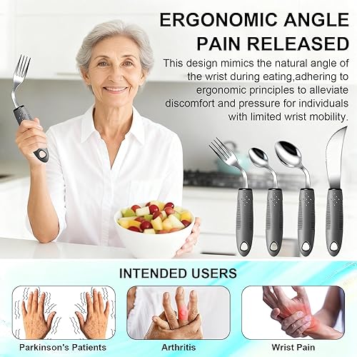Miniatura 3 de Haiou Juego de cubiertos adaptativos de 4 piezas, utensilios en ángulo de 42 para pacientes de Parkinson y ancianos con temblores de mano (gris para