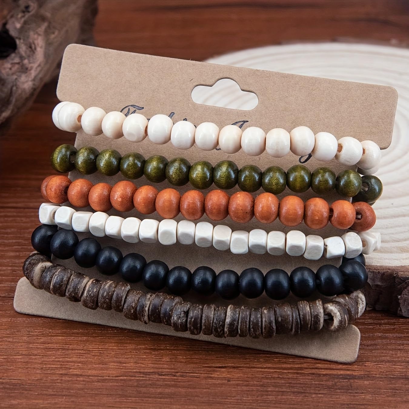 5 Pieces, Womens ans Mens Wooden Bead Bracelets Set, Multi-Color Wood Beads, Bohemian Style Stretch Bracelets - Image 2