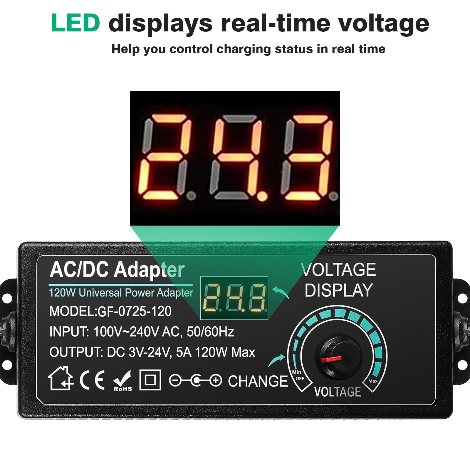 Alimentatore Universale 120W Regolabile 3V 5V 6V 12V 24V DC con USB 14 Connettori Spina Europea AC100-240V