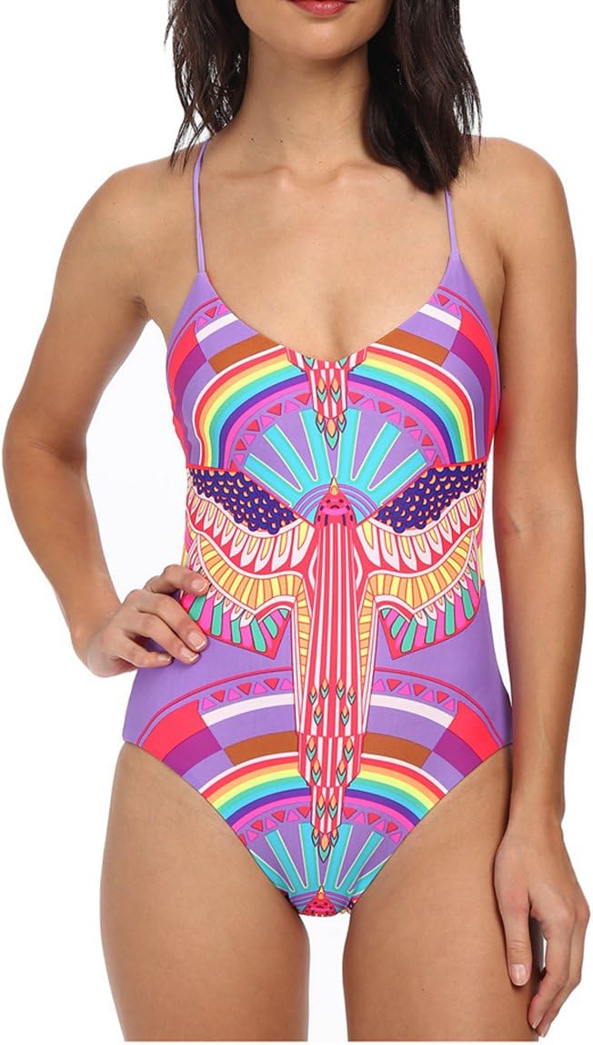 Women's Criss Cross Colorful Floral Print Swimwear Lace Up One Piece Bikini (L, Pink)
