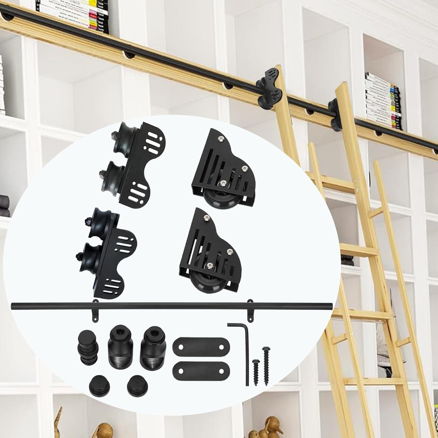 8FT Aluminum Telescopic Sliding Library Ladder Hardware Adjustable Upright, 350lb Capacity Library Rolling Ladder Hardware kit with Braking Casters, Convenient Storage No Harm to Floors & Carpets