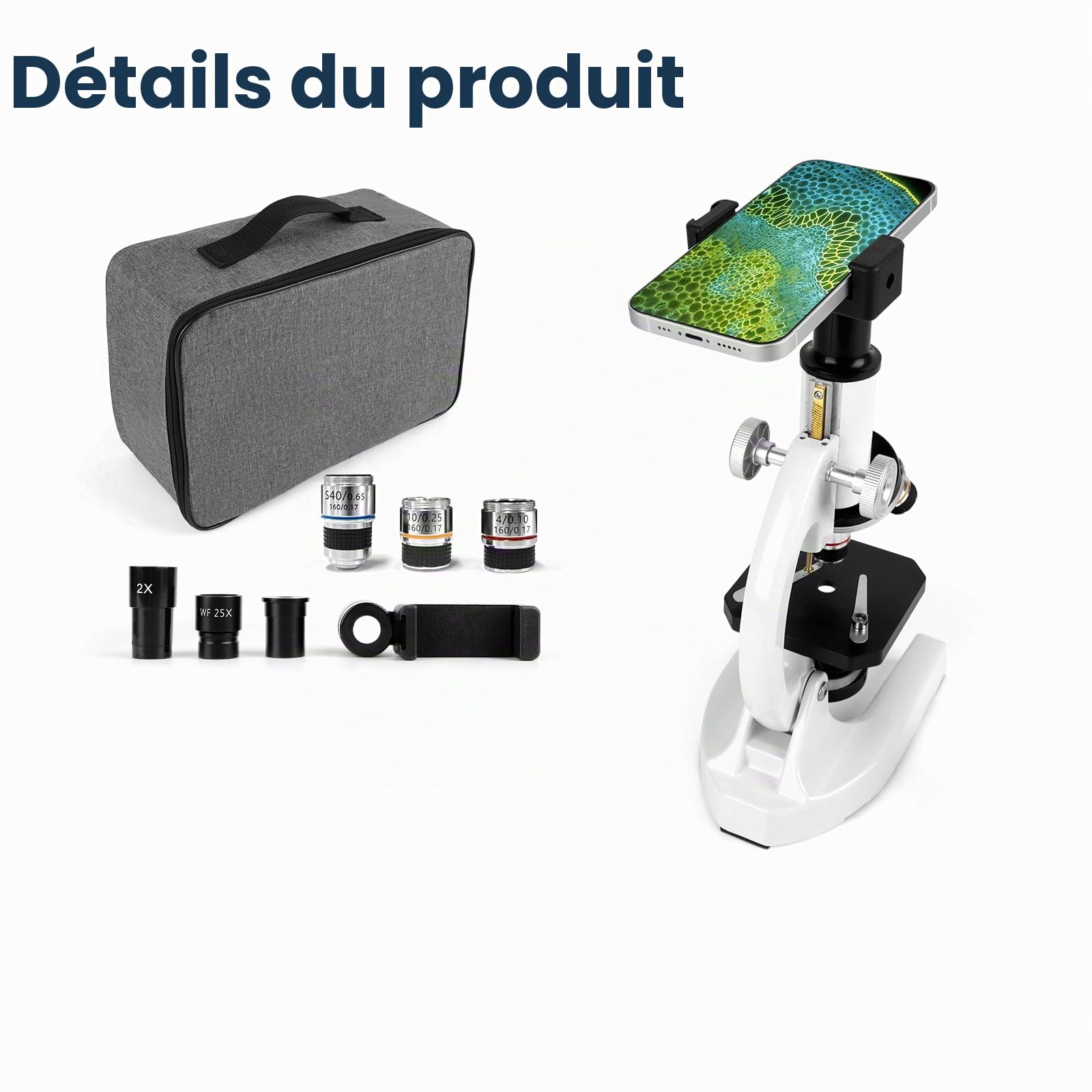 Microscope pour étudiants adultes 40-2000x Microscope avec 10x | Microscope avec oculaires 25x, lentilles d'objectif 4x10x40x et une loupe 2x, microscopes pour adultes