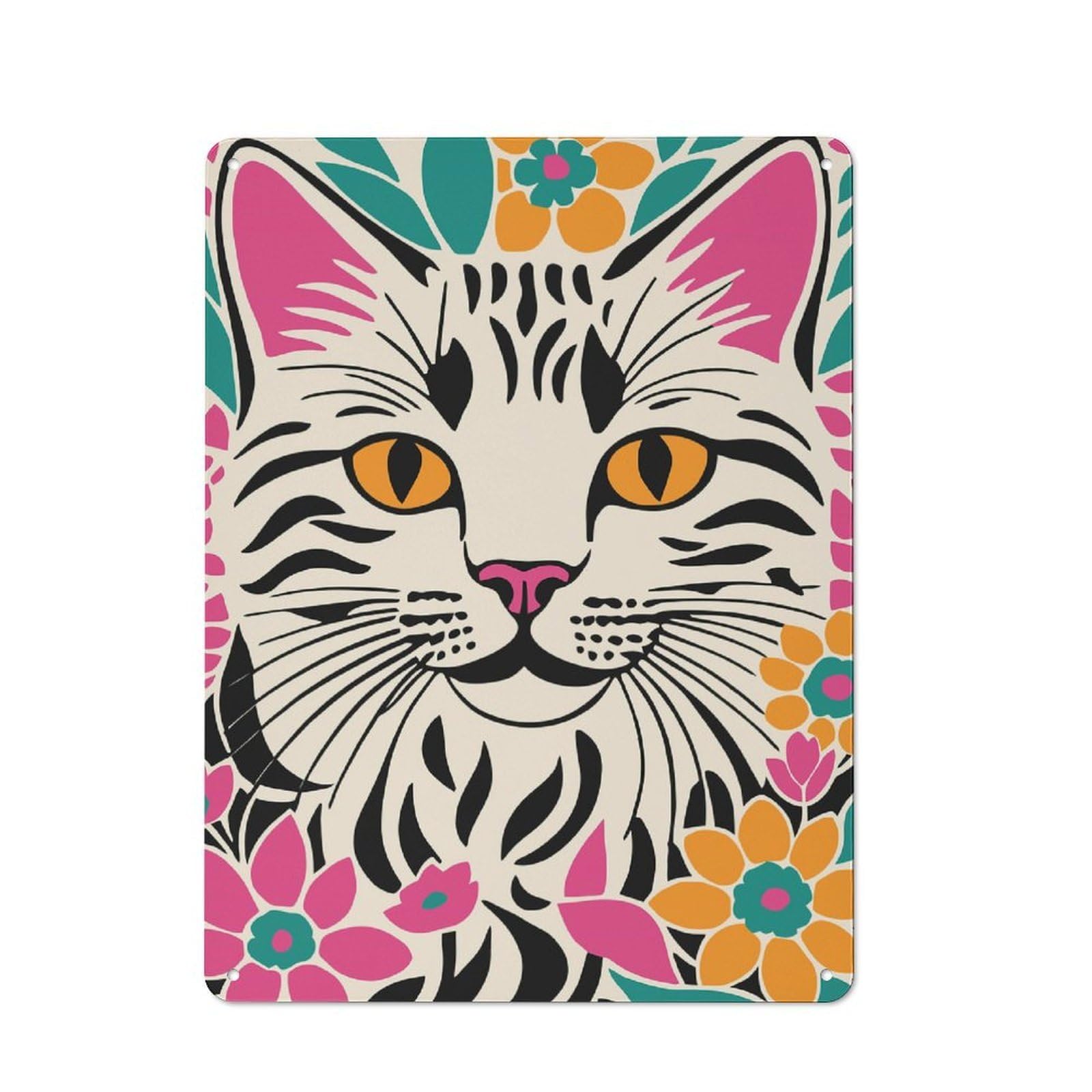 Junmoney Style-8 Tin Sign With Cute Kitty In Flowers Design 40X30cm, Understated Studio Wall Plaque For Hobby Room, Office, Lounge Or Living Room