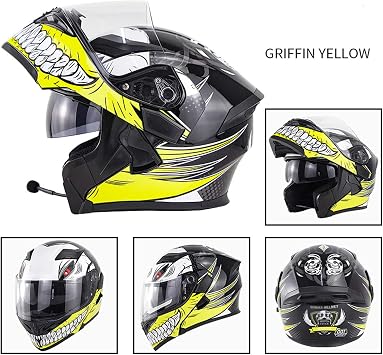 Bluetooth Integrated Motorcycle Modular Flip up Front Helmet Motorbike Crash Helmet with Double Visor DOT/ECE Approved Full Face Flip Up Helmet for Men Women Four Seasons