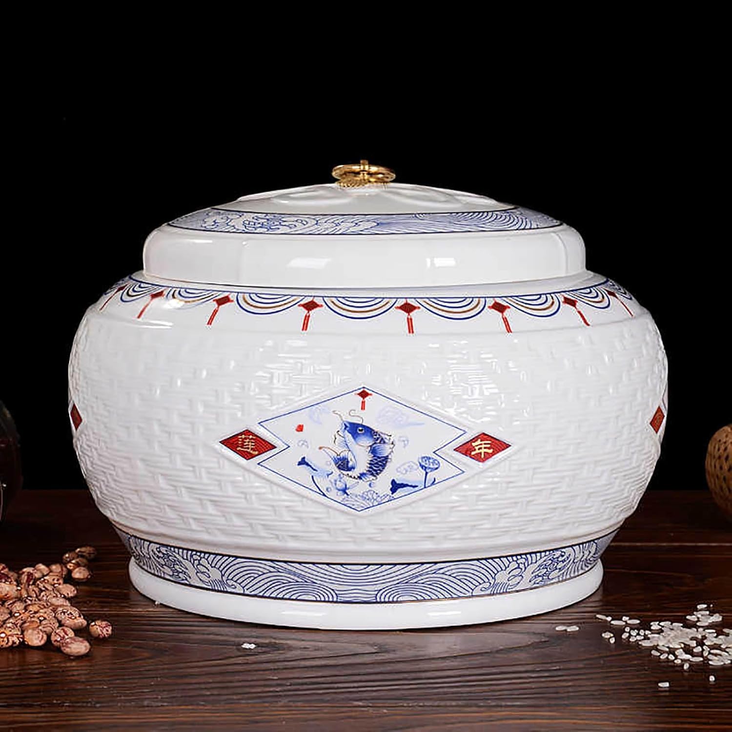 Rice Bucket Household Rice Storage Tank, Ceramic Rice Container, Grain Dispenser, Large Rice Jar with Lid, General Loose Tea Storage, Medicinal Material Jar for Flour, Sugar,baki
