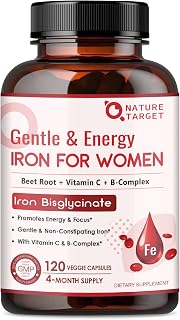 Nature Target Iron Supplement for Women, 25mg Iron Bisglycinate | Gentle on Stomach, Vitamin C, B6, Folate, B12 & Beetroot, Red Blood Cell & Energy Support, 120-Day Supply