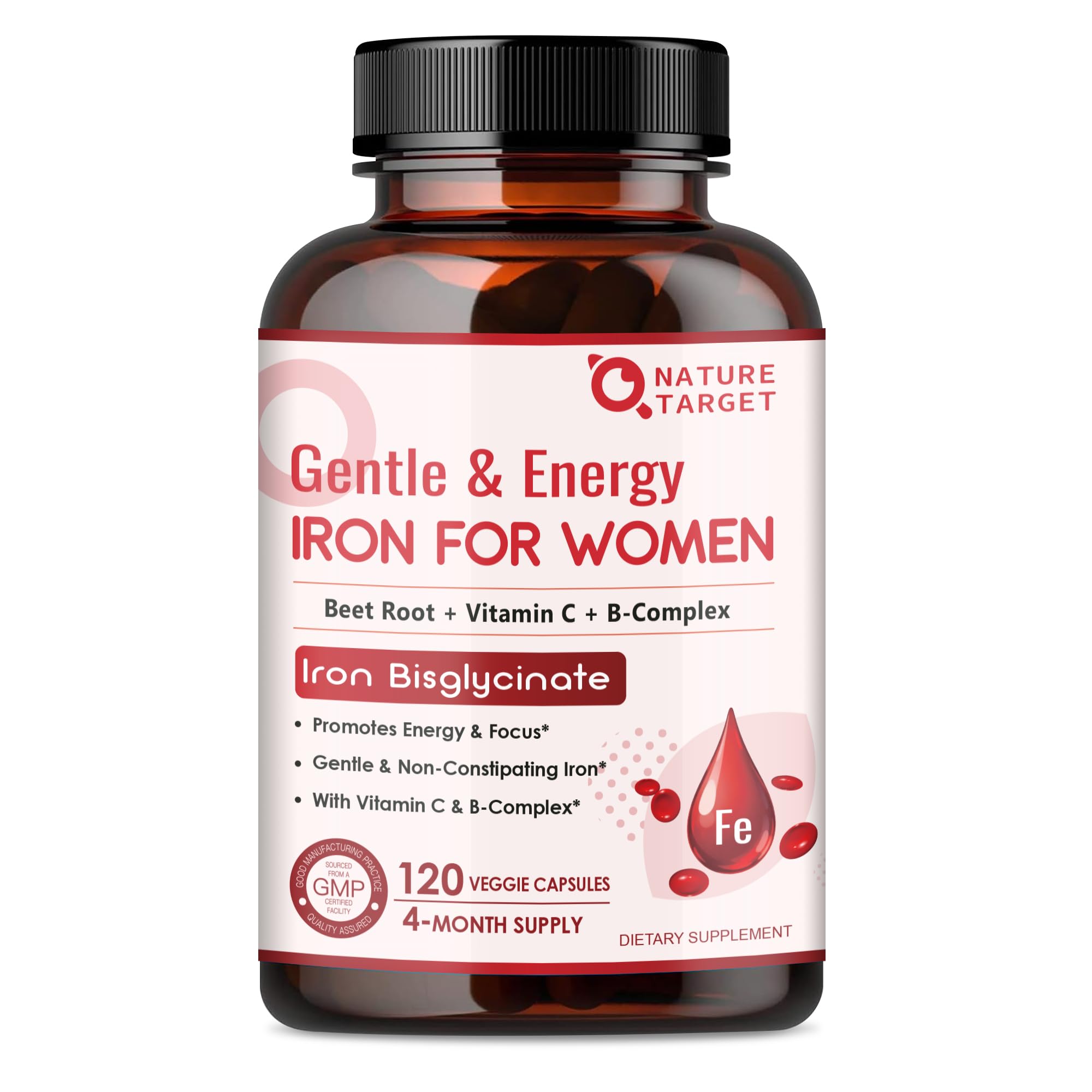 Nature Target Iron Supplement for Women, 25mg Iron Bisglycinate 120 Count (Pack of 1)