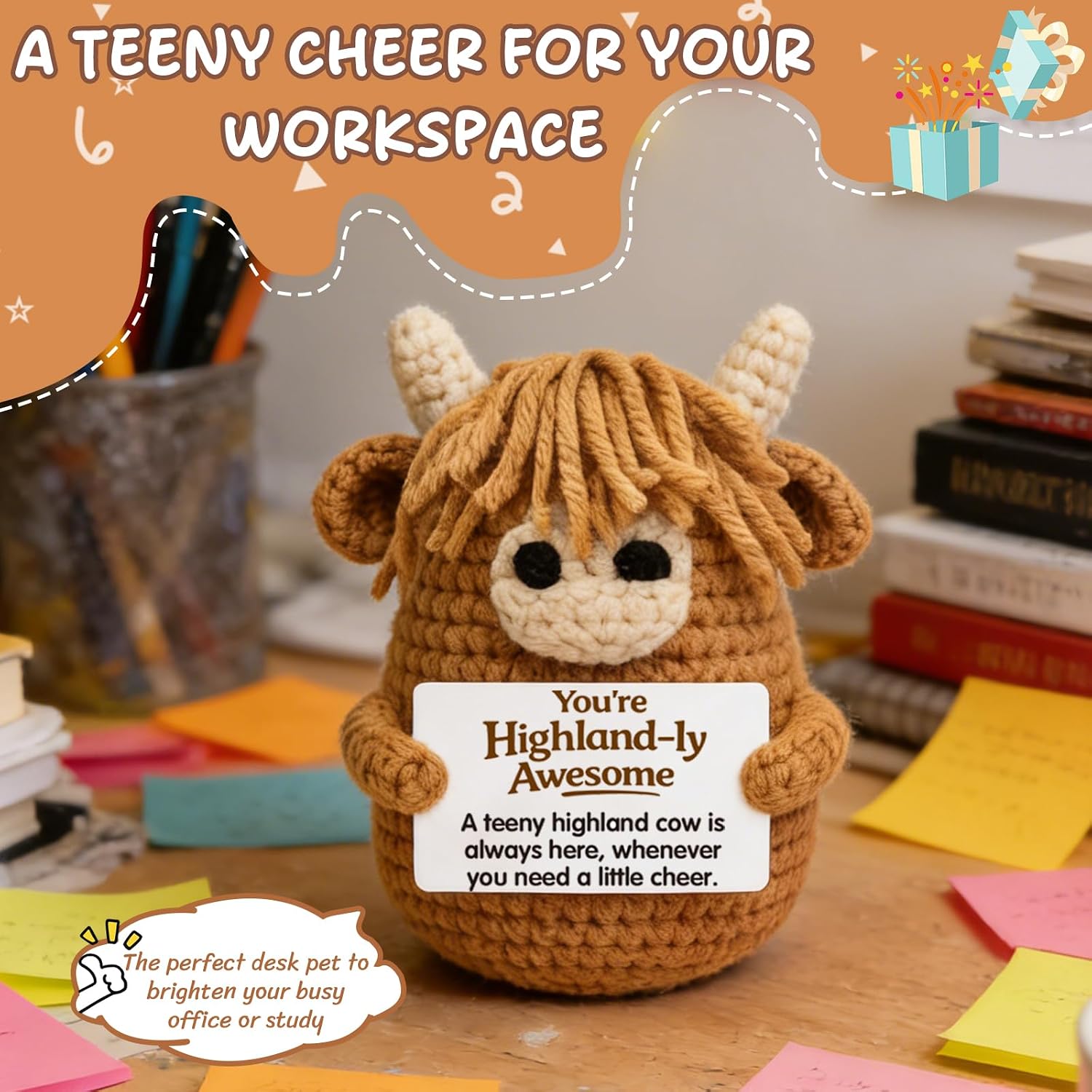 Highland Cow Gifts for Women Men, Friendship Gifts for Best Friend, Her, Positive Crochet Cow, Unique Encouragement Keepsake & Desk Decor for Daughter Son, Mom Dad