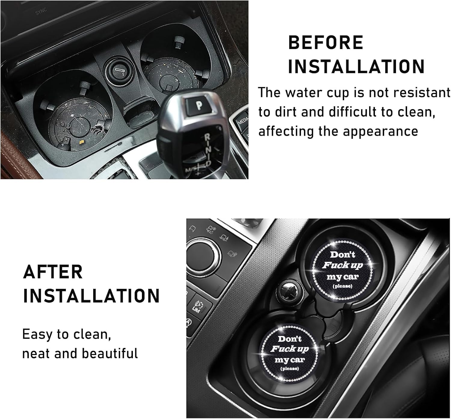 Kewucn 2 Pack Bling Car Cup Holder Coasters, 2.75 inch Anti-Slip Soft Rubber Crystal Rhinestone Auto Cup Insert Pad, Universal Vehicle Interior Decor Accessories for Car SUV Truck (Black) image 5