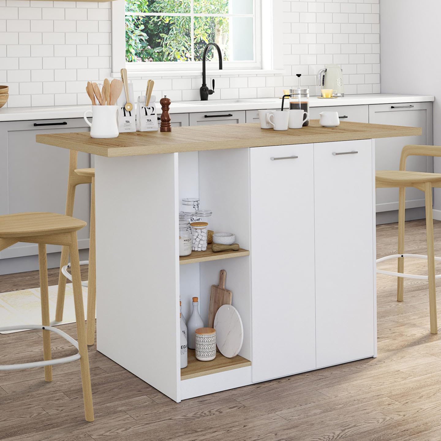 IDMarket - Ilot Central BAO 140 cm 4 Personnes Bois Blanc avec Plan de Travail façon hêtre