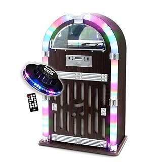 Chaîne HiFi Jukebox Retro 60W avec Tourne Disque Vinyle Bluetooth, CD, FM + télécommande, Jeu de lumière OVNI LED - Les Beatles, Paul McCartney, John Lennon, RIngo Starr, George Harrison