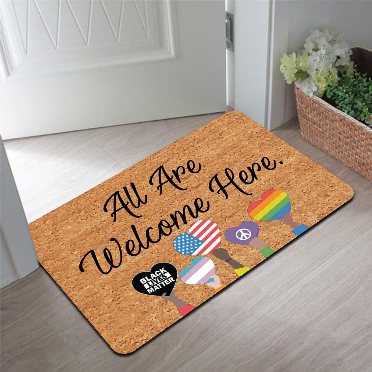 Funny Welcome Doormat Front Porch Decor Rugs With Rubber Back 30"(L) x 18"(W)All Are Welcome Here Black Lives Matter Personalized Doormat For Entrance Monogram Mats for Front Door No Slip Kitchen Rug