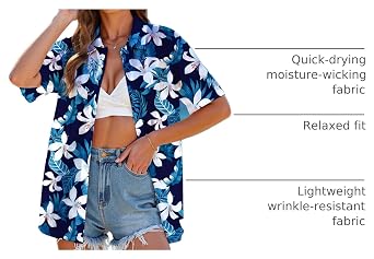 Women Hawaiian Shirt, Quick Dry Breathable Soft Cool Summer Hawaii Shirts Floral Tropic Print V Neck Travel T-Shirt