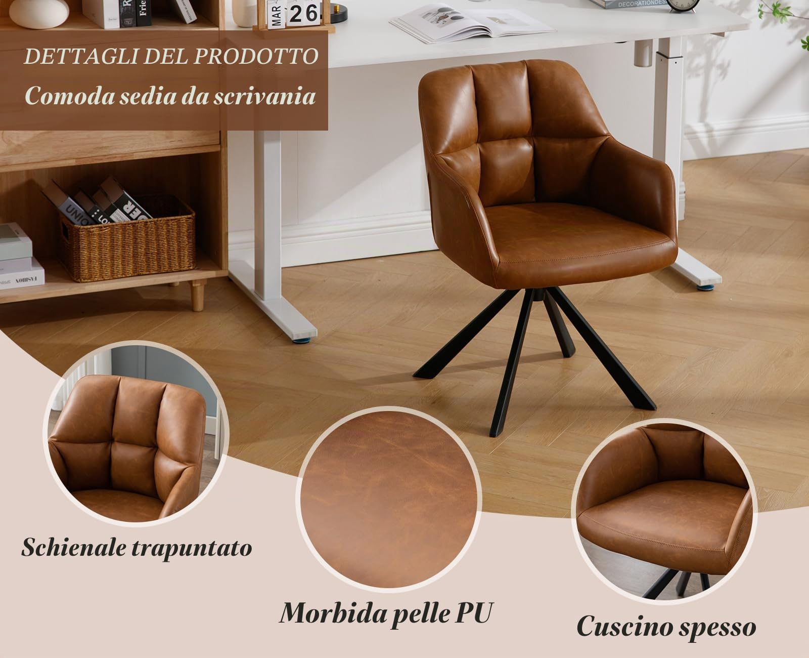 Ya-Home Sedia da Scrivania Sedia da Ufficio Girevole in PU, Marrone
