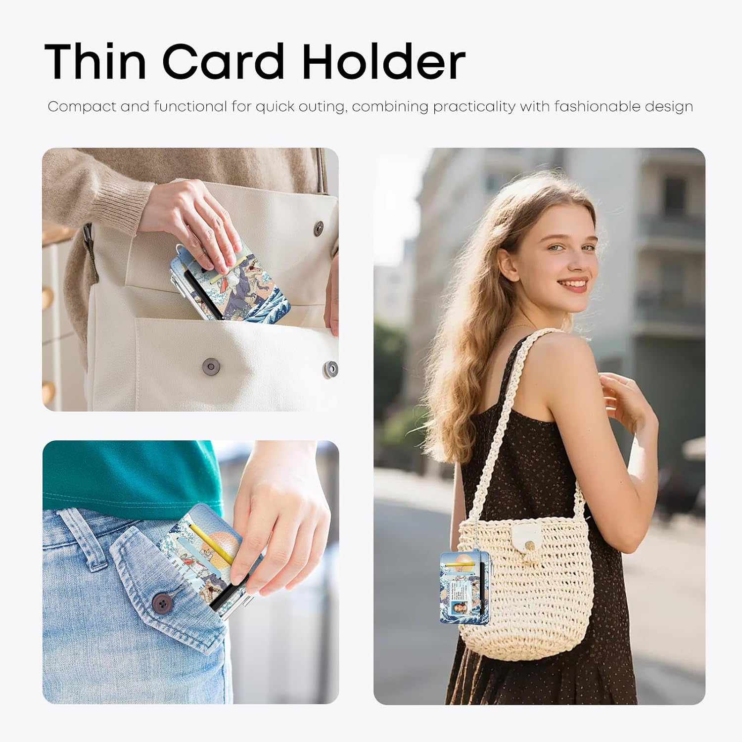 Dinosaur Cat Credit Card Holder Small Wallet for Women, Slim RFID Wallet Front Pocket with Zipper Coin Pocket, Travel Thin Card Case with ID Window