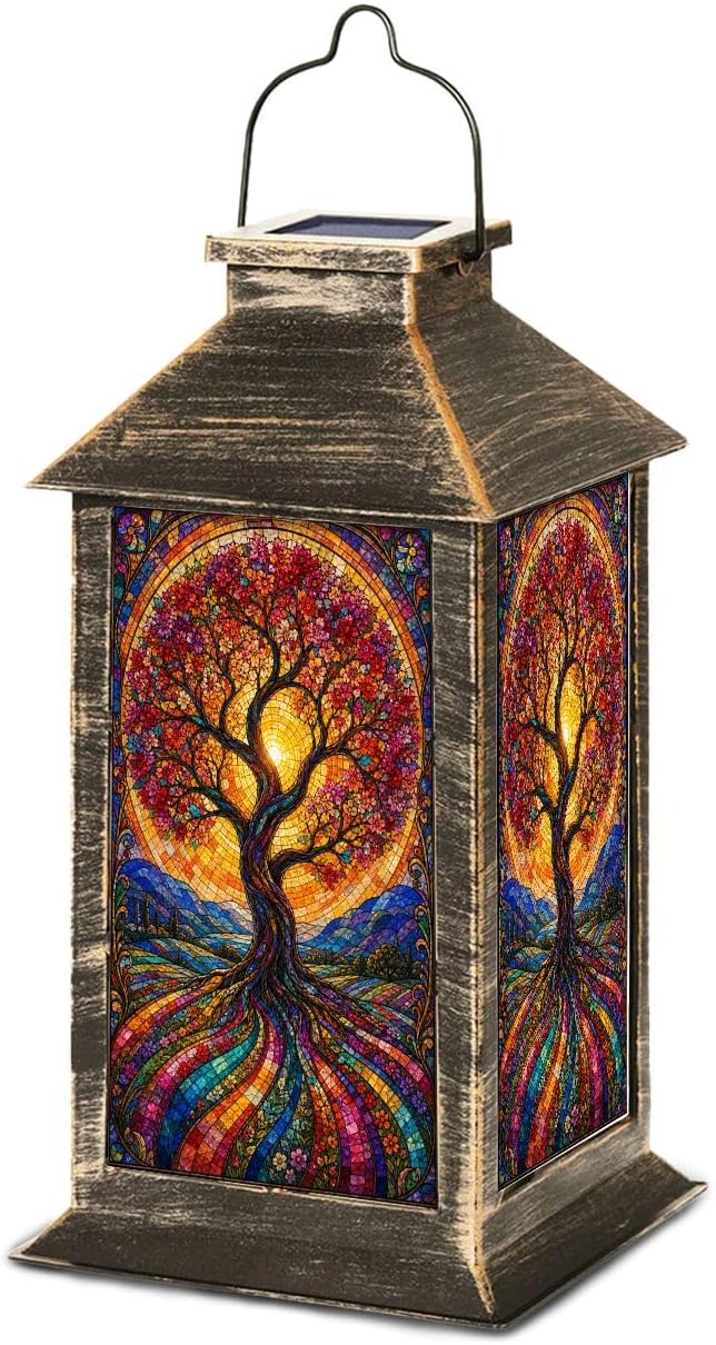 Solar Lantern Vibrant Mosaic Tree Radiant Sunset Colorful Landscapes Outdoor Waterproof Hanging Solar Light Outside Lights for Patio Yard House Lawn Decor Birthday Gifts for Women Mom