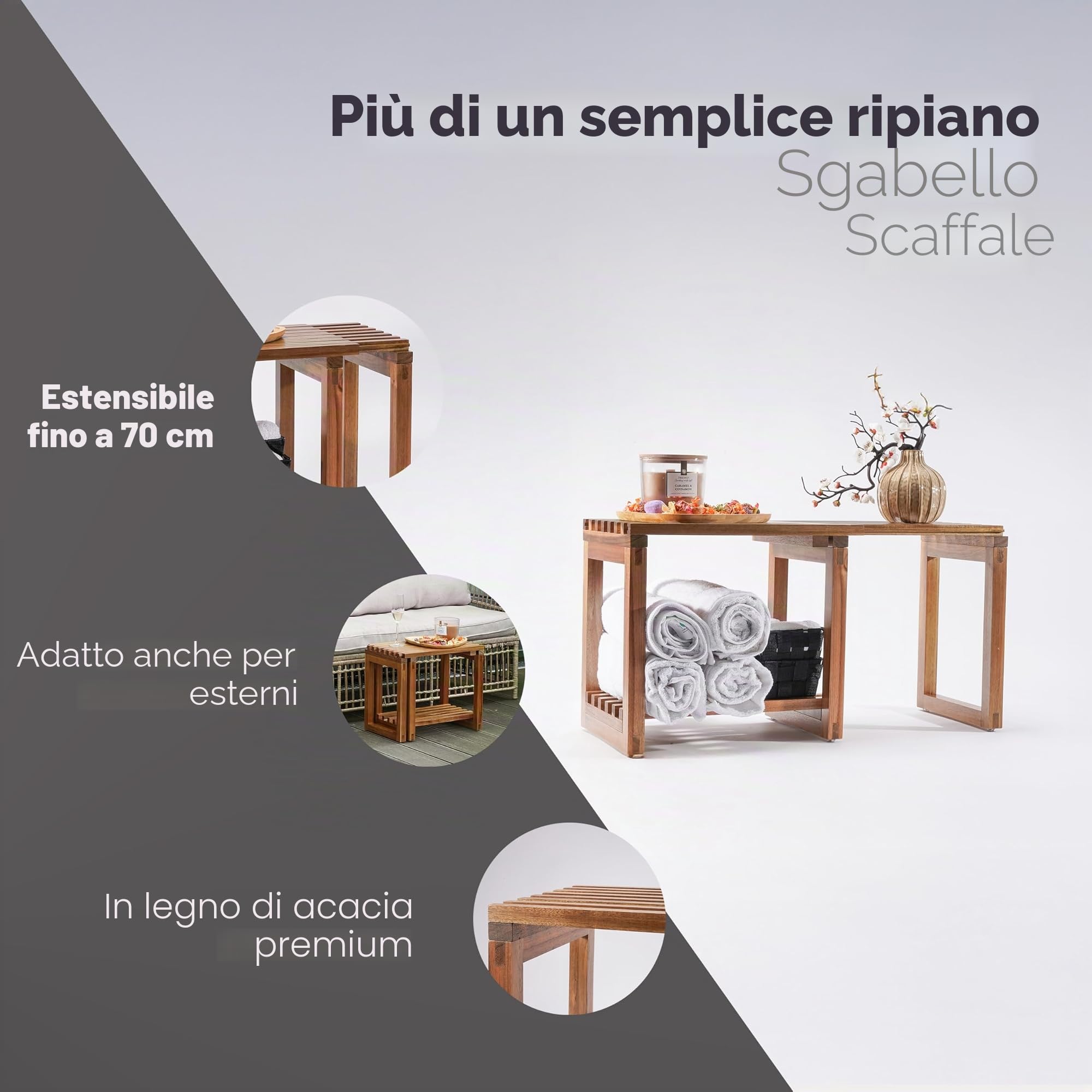 SVADA Sgabello da doccia estensibile in legno di acacia - panca doccia in acacia con ripiano - Panca per sauna multifunzionale - sgabello e tavolino in legno per bagno - doccia - balcone - giardino
