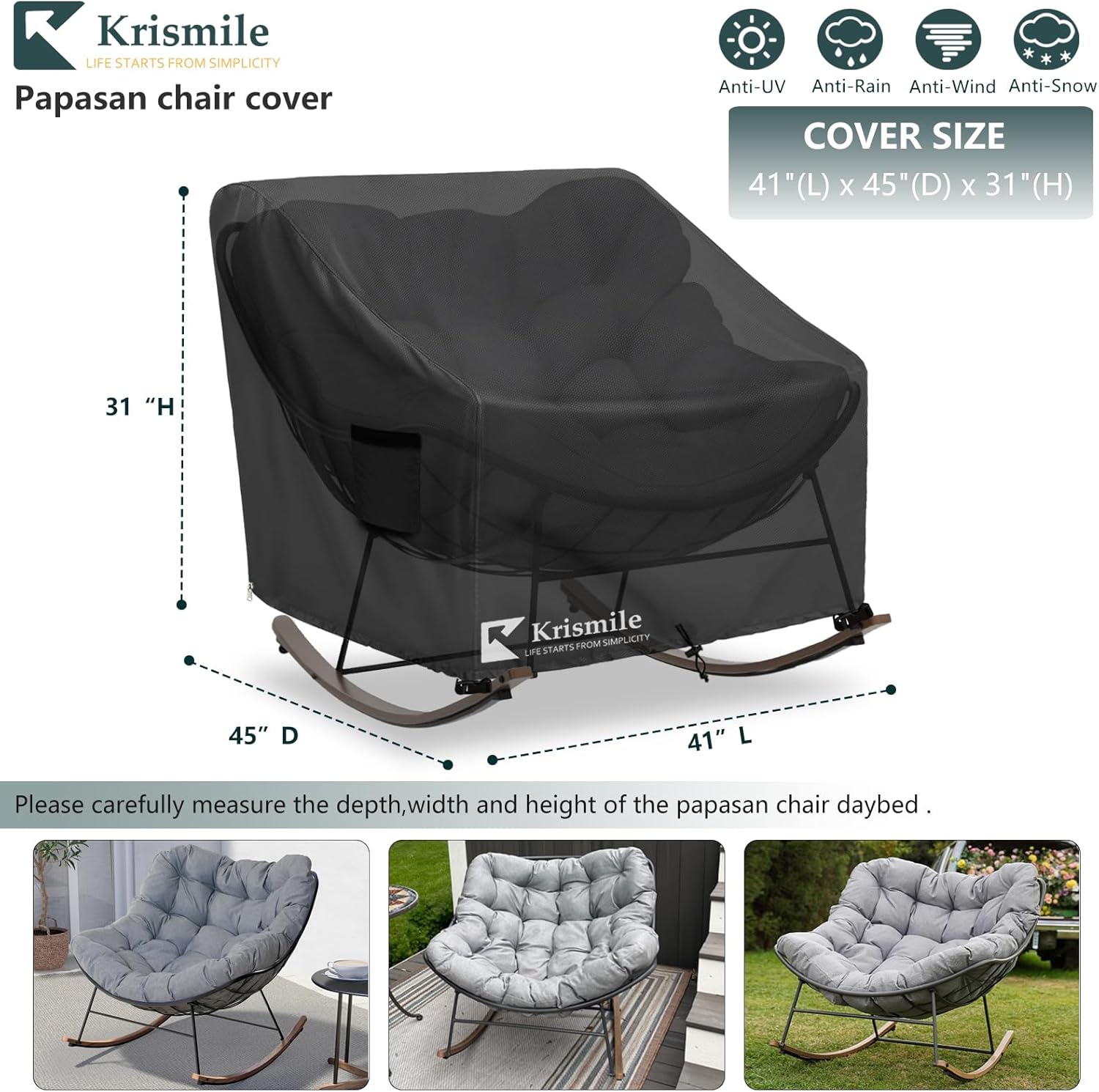 Outdoor Rocking Chair Cover, Heavy Duty Waterproof Papasan Chair Cover with Split Zipper, Easy to use, Black