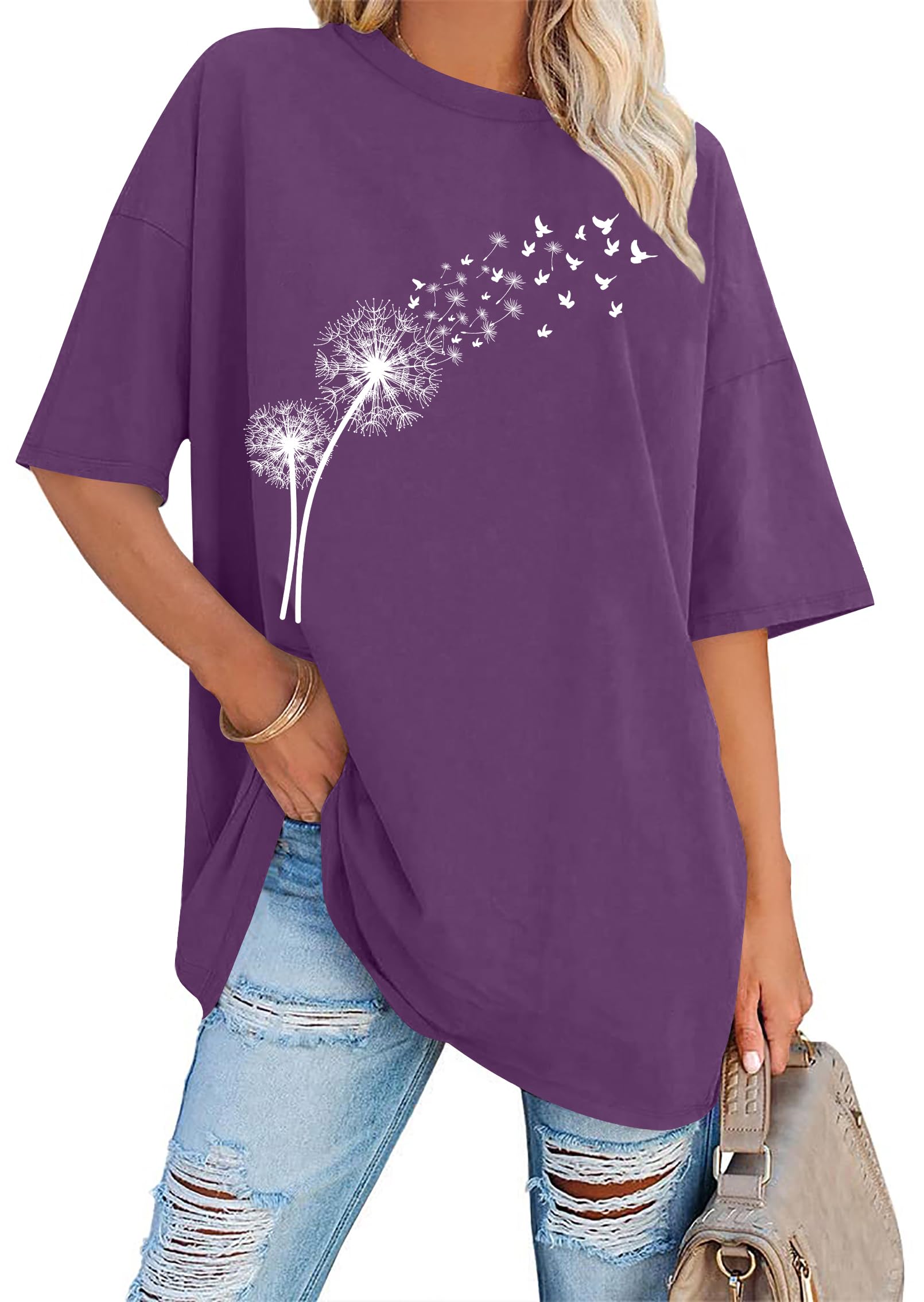 hohololo Oversize Shirt Damen Pusteblume Tshirt Sommer Oversize Breite Kurzarm