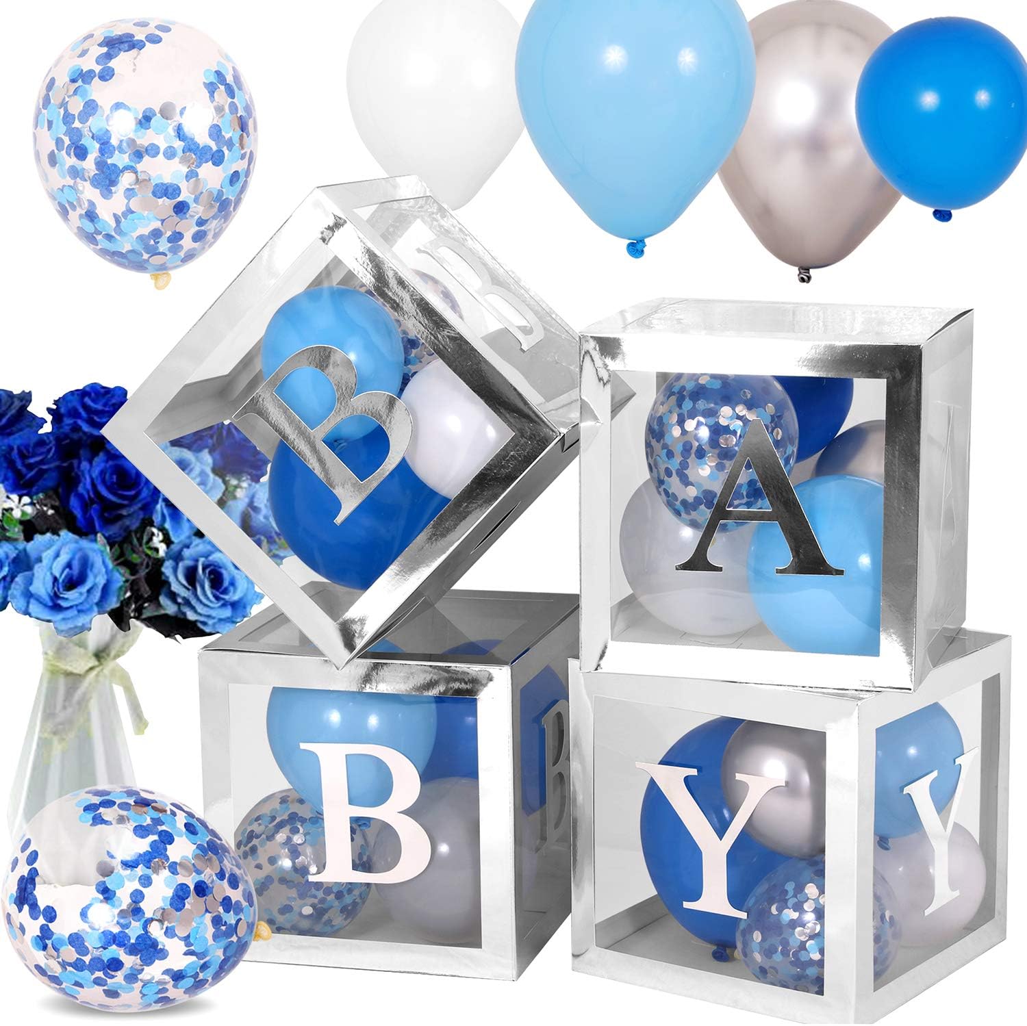 Baby Shower Decorations for Boy, Silver Transparent Boxes