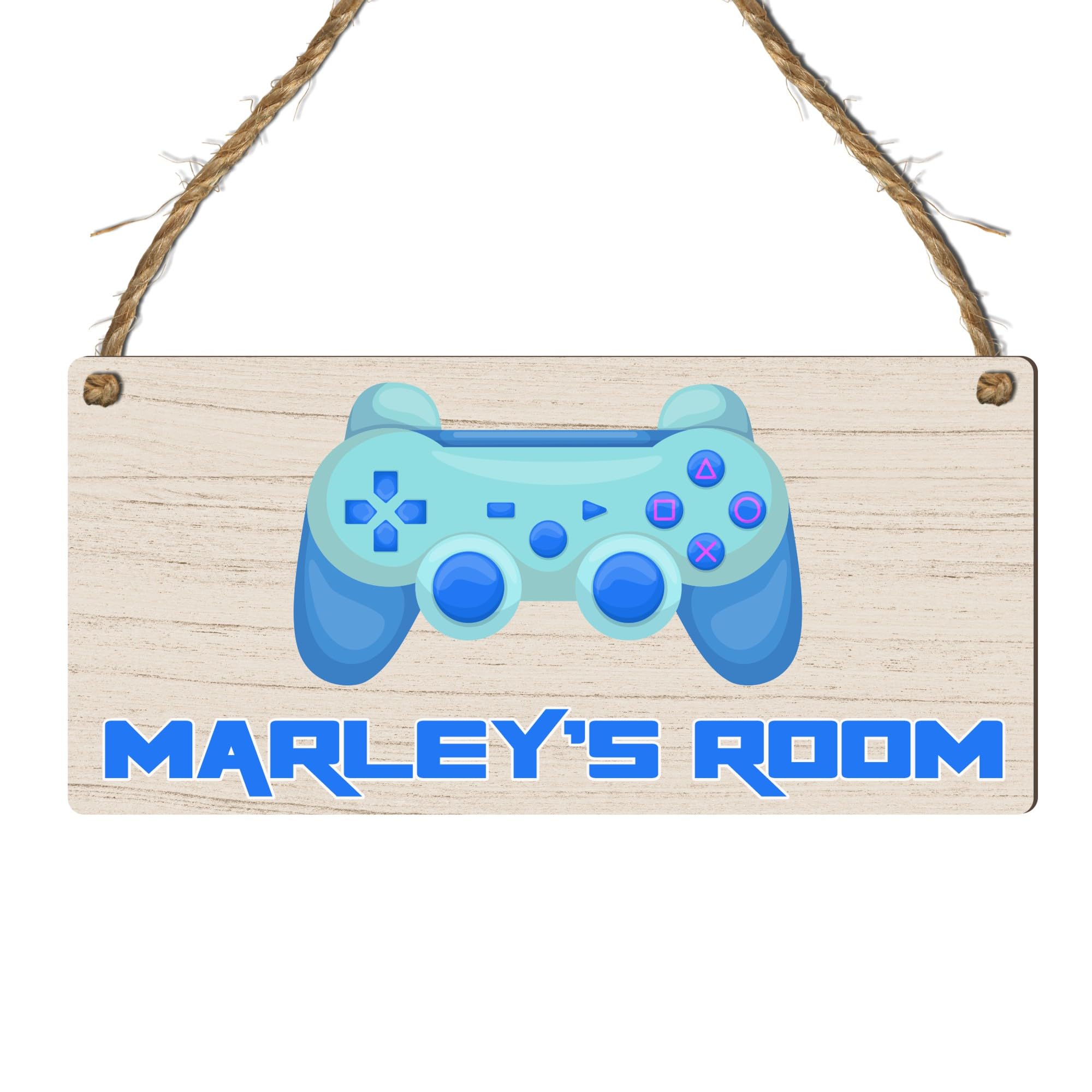Custom Kids Room Name Plaque | Personalised Boys Bedroom Sign | Wooden Hanging Door Sign | Car Theme or Gaming Controller Gamer Design (Blue Controller)