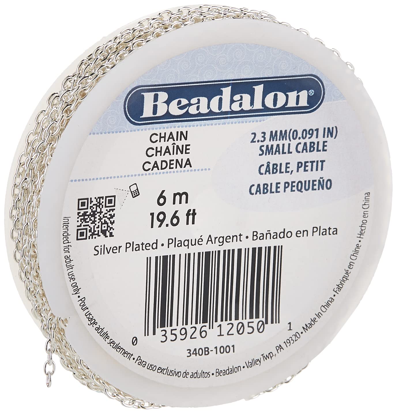 Artistic Wire Beadalon 2.3mm Jewelry Making Chain, 6m, Small Cable, Silver Plated
