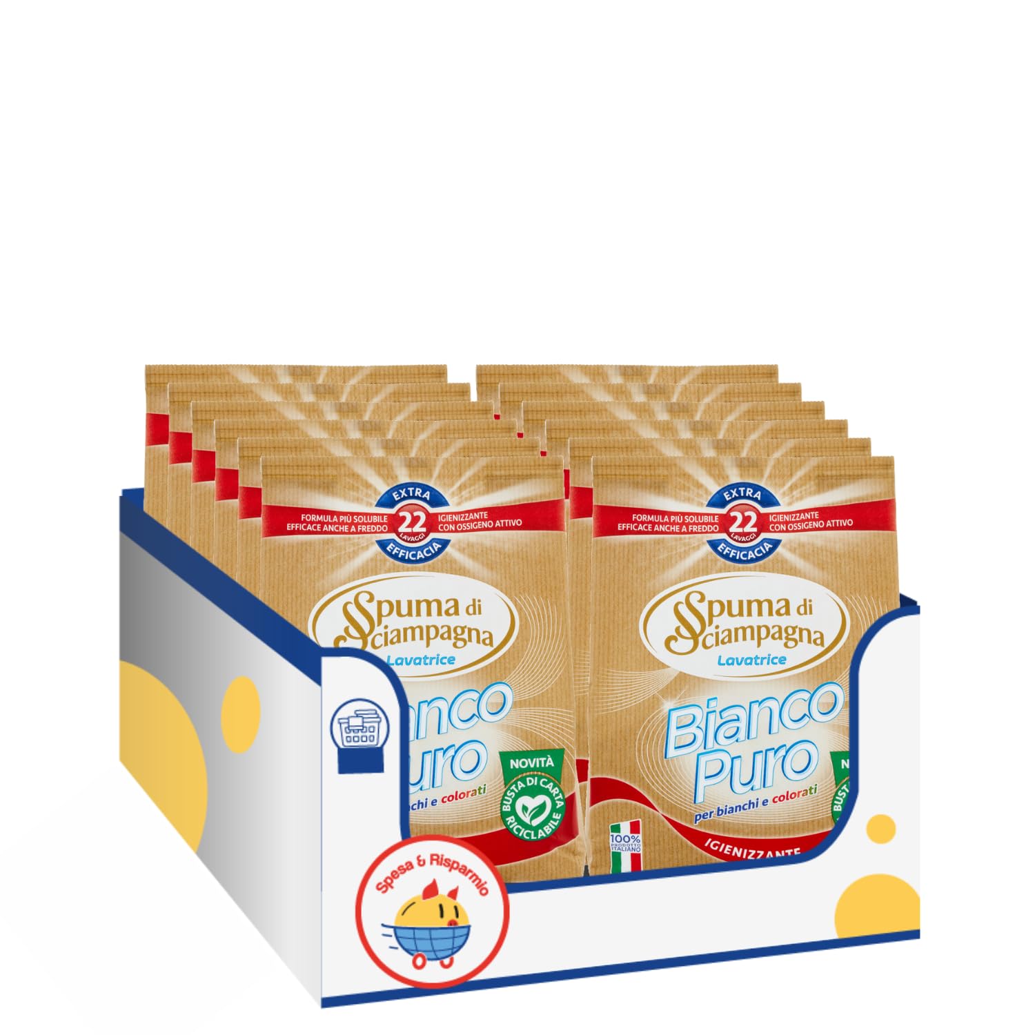 Detersivo in Polvere Bianco Puro Igienizzante – Spuma di Sciampagna – 22 Lavaggi – 990g kit con Spugna Brandizzata SPESA & RISPARMIO Inclusa – Variazioni 4/8/12 Pezzi (12)