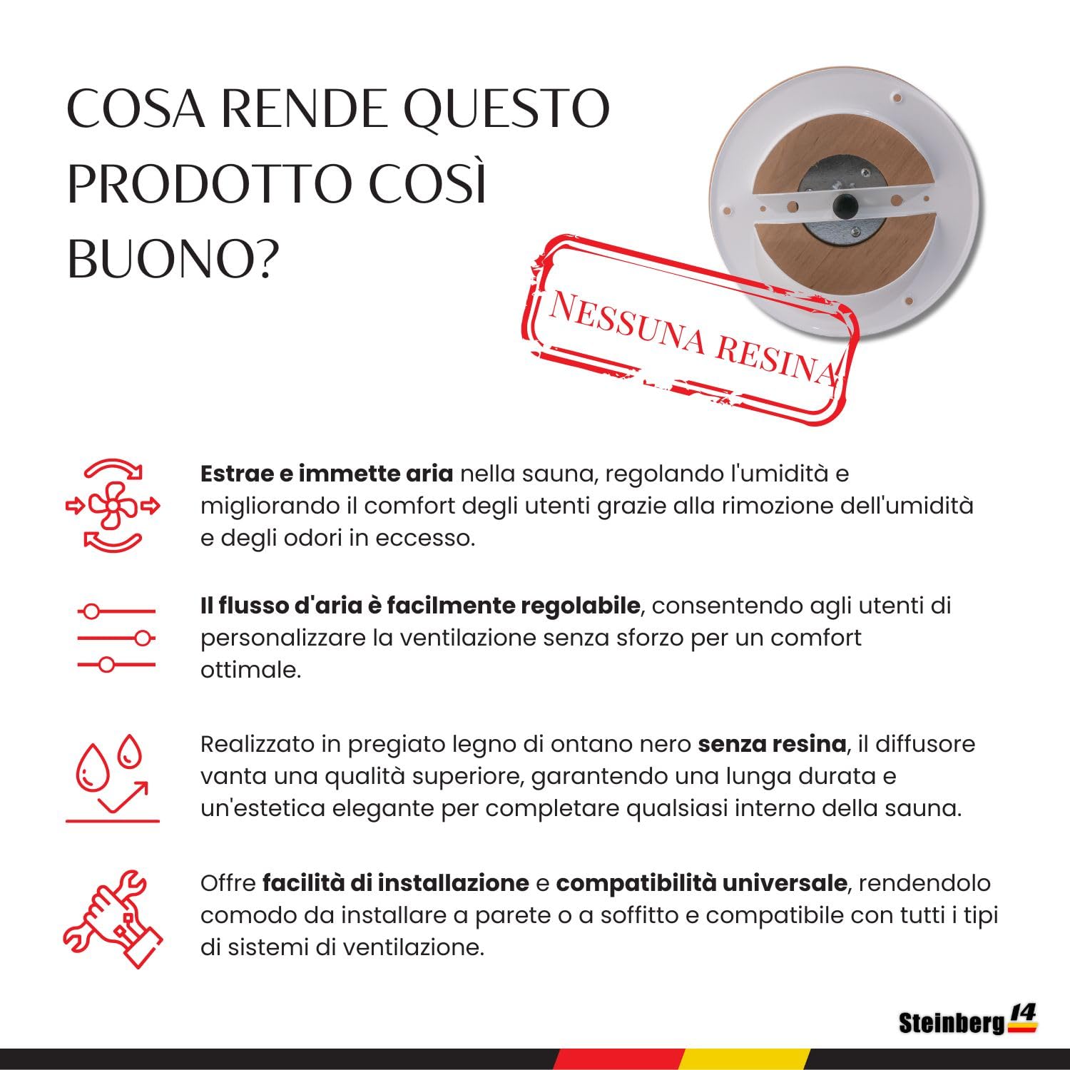 Steinberg14 Diffusore in Legno per Sauna 125mm Griglia di Ventilazione Valvola a Disco Regolata Copertura Condotto Rotondo