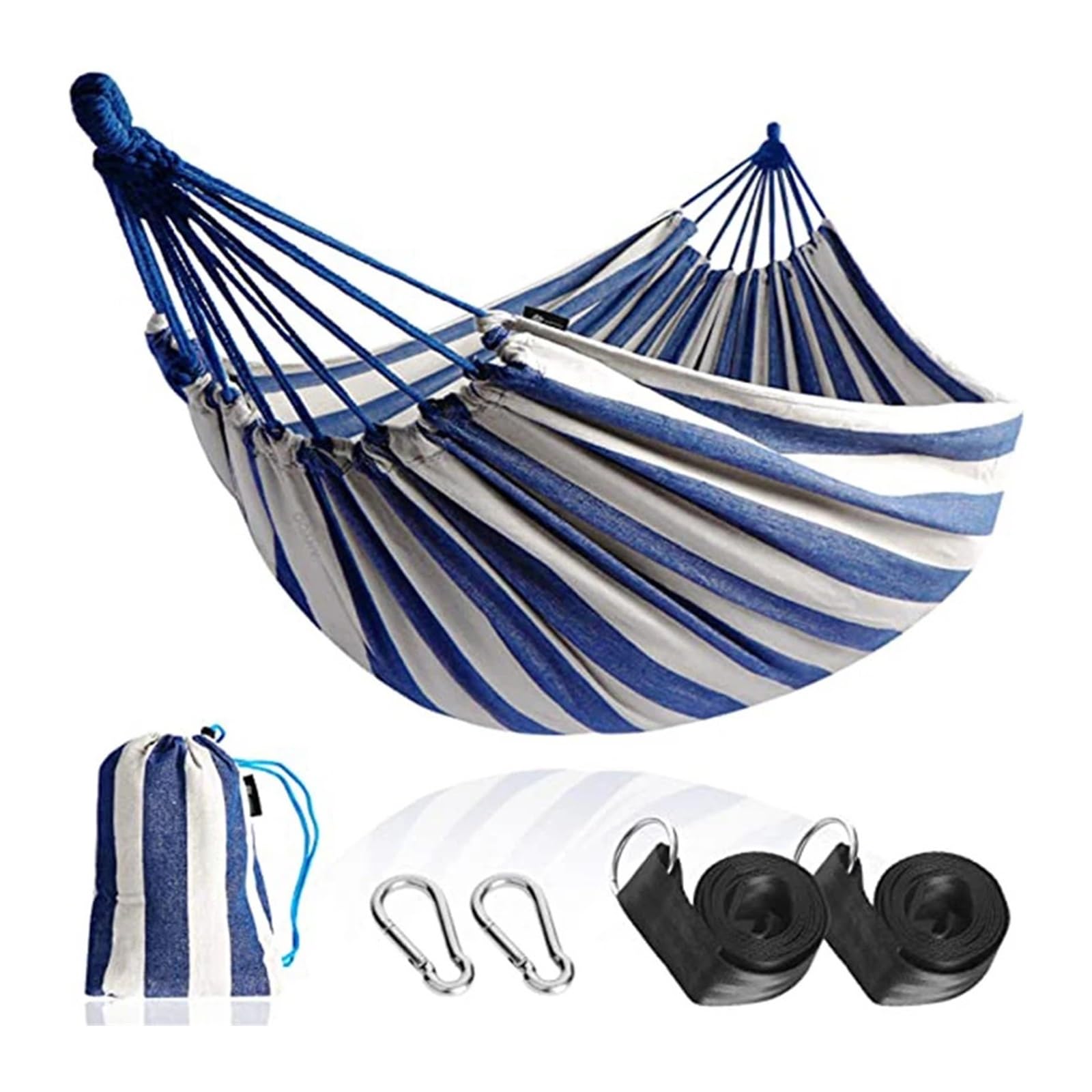 hamaki podróżne Podwójny hamak kempingowy przenośny 260 * 150cm płócienne wiszące łóżko do ogrodu na zewnątrz meble plażowe krzesło obrotowe(Blue and White)