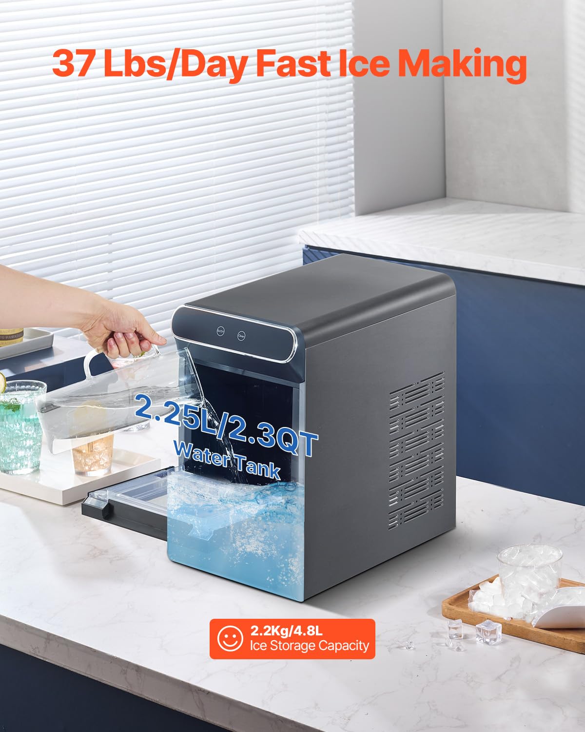 VEVOR Nugget Ice Maker, 37lbs/24h, With Self Cleaning, With Ice Scoop And Basket, Stainless Steel Ice Machine With Convenient Ice Transfer For Home Kitchen Office on Fridge.com - View 3