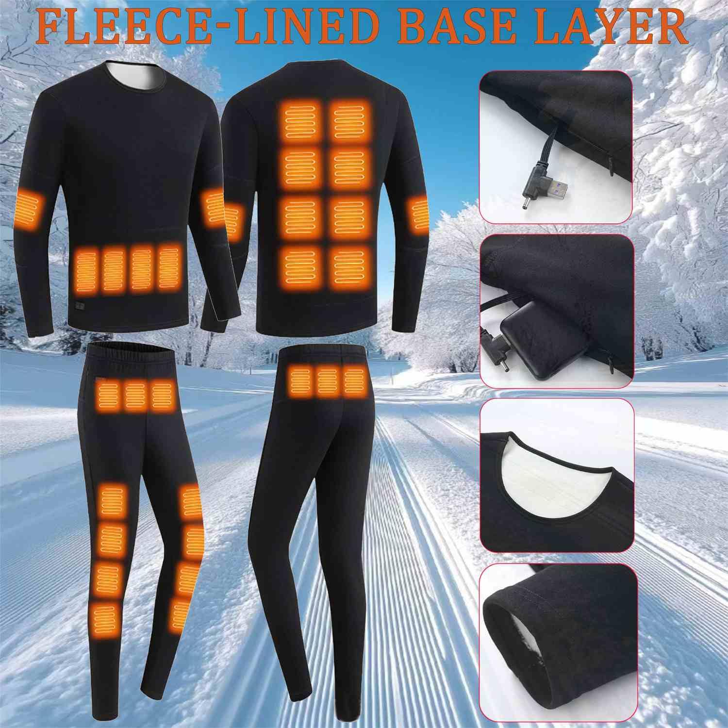 scosao Hombre Ropa Interior Térmica Calefactable USB 30 Zonas Conjunto Térmico de Invierno con Camiseta Manga Larga y Pantalones para Esquí Moto