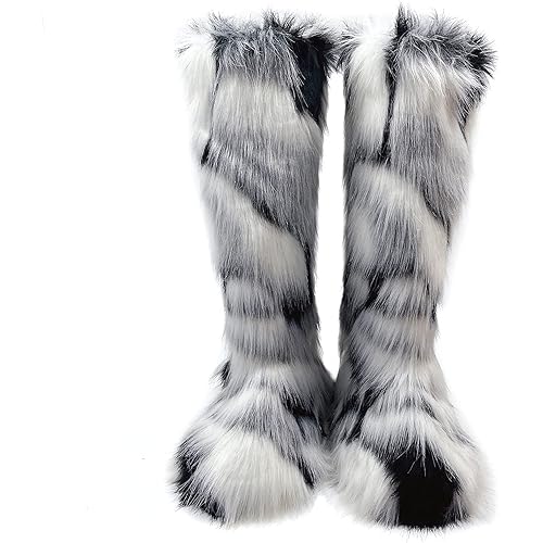 Valpeak Womens Faux Fur Boot Winter Fluffy Long Furry Boots for Girls Outdoor Fuzzy Knee-High Boots